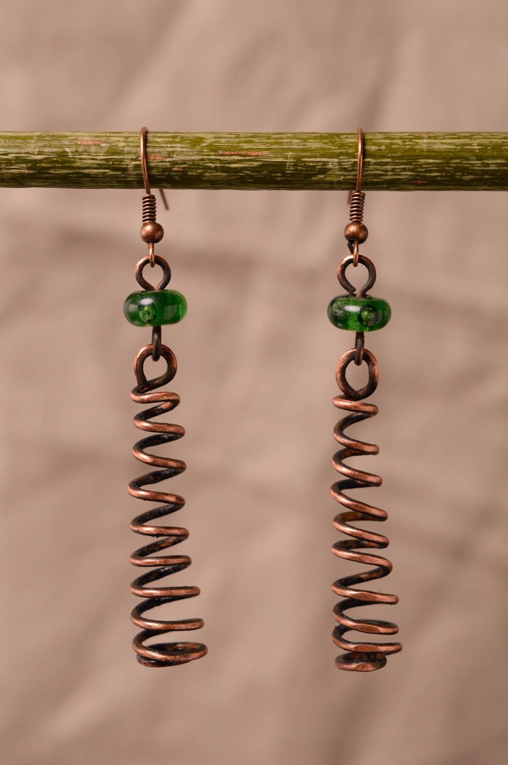 Long spiral copper earrings photo 3