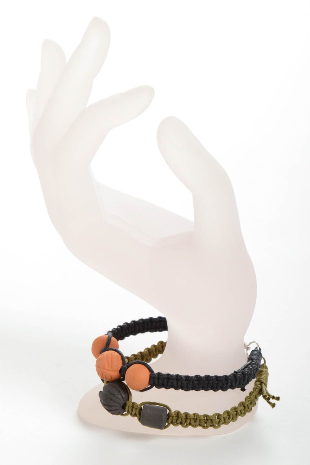 Set of 2 handmade braided cord bracelets with ceramic beads designer jewelry photo 3