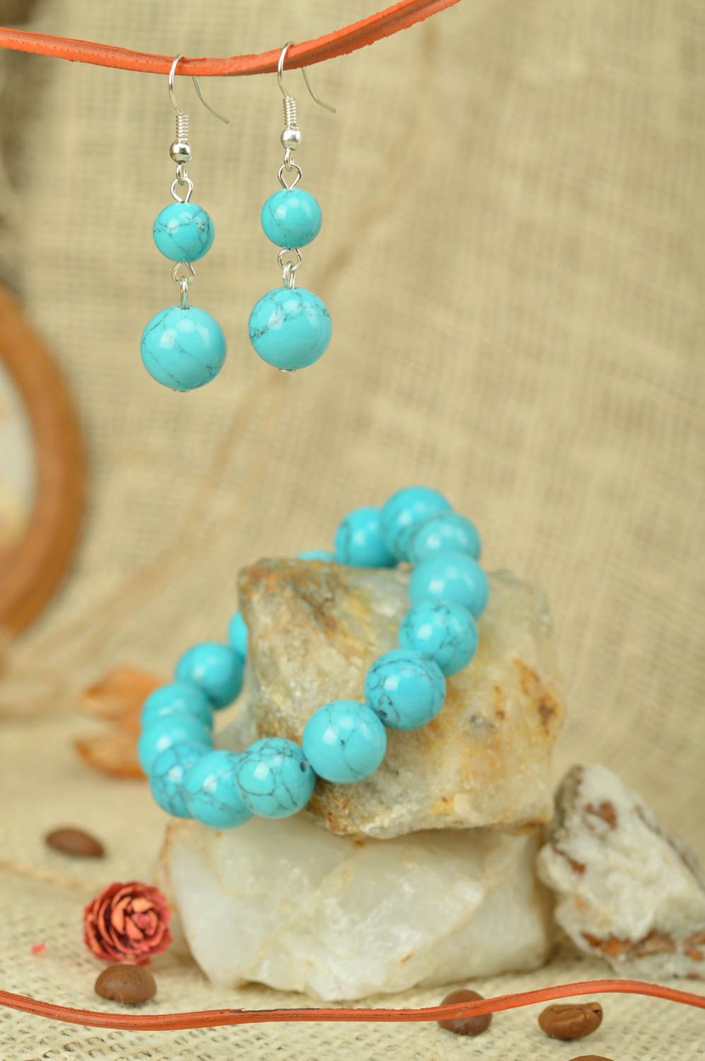 Handmade beaded jewelry set wrist bracelet and earrings blue turquoise color photo 1
