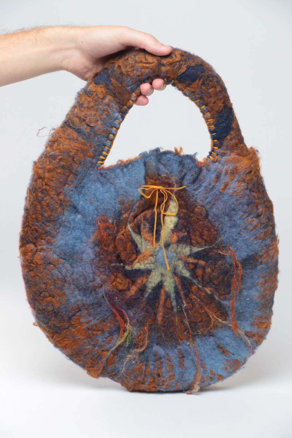 Handmade designer women's bag felted of natural wool in blue and brown colors photo 5