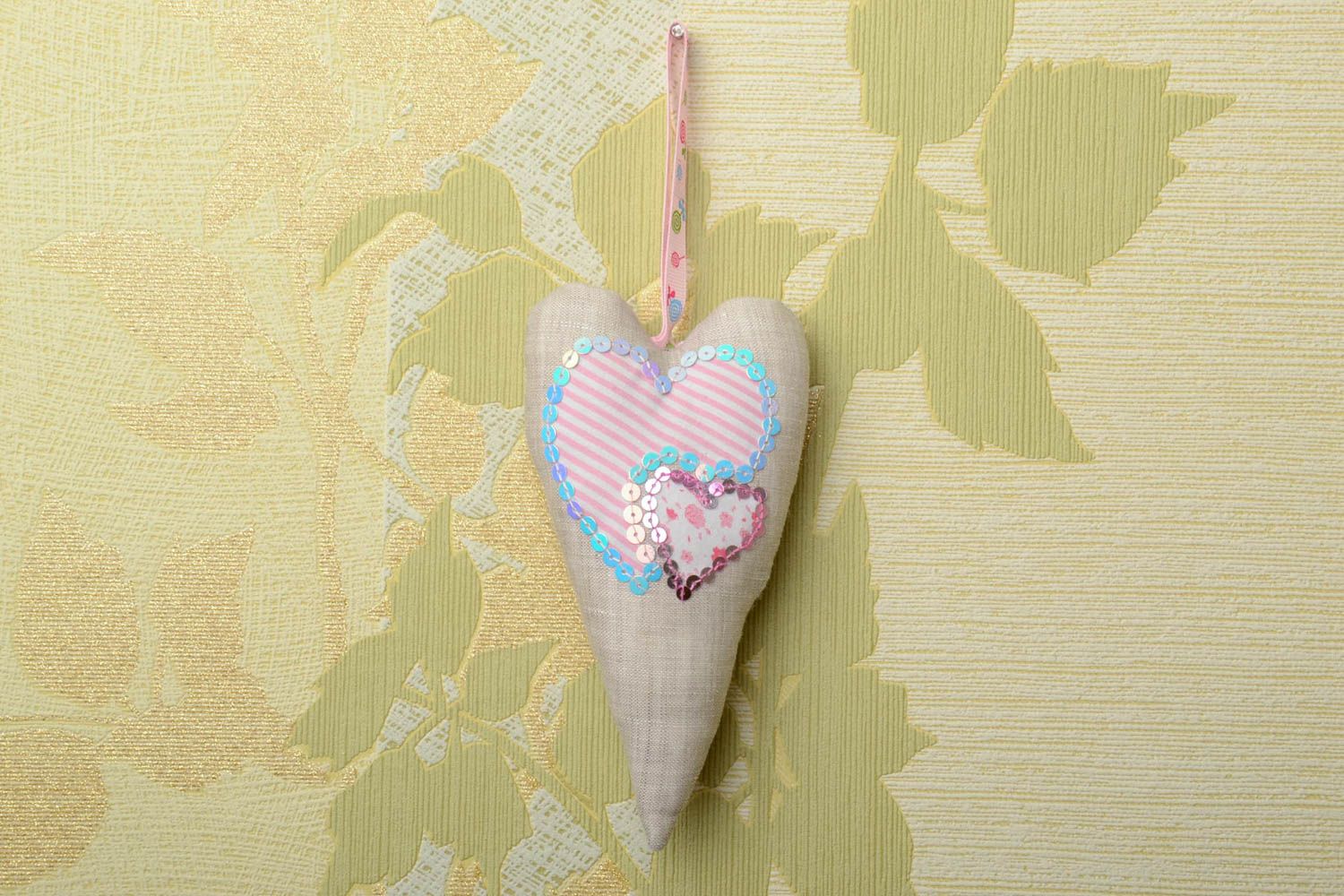 Handmade wall hanging heart decoration sewn of light violet natural fabric photo 1