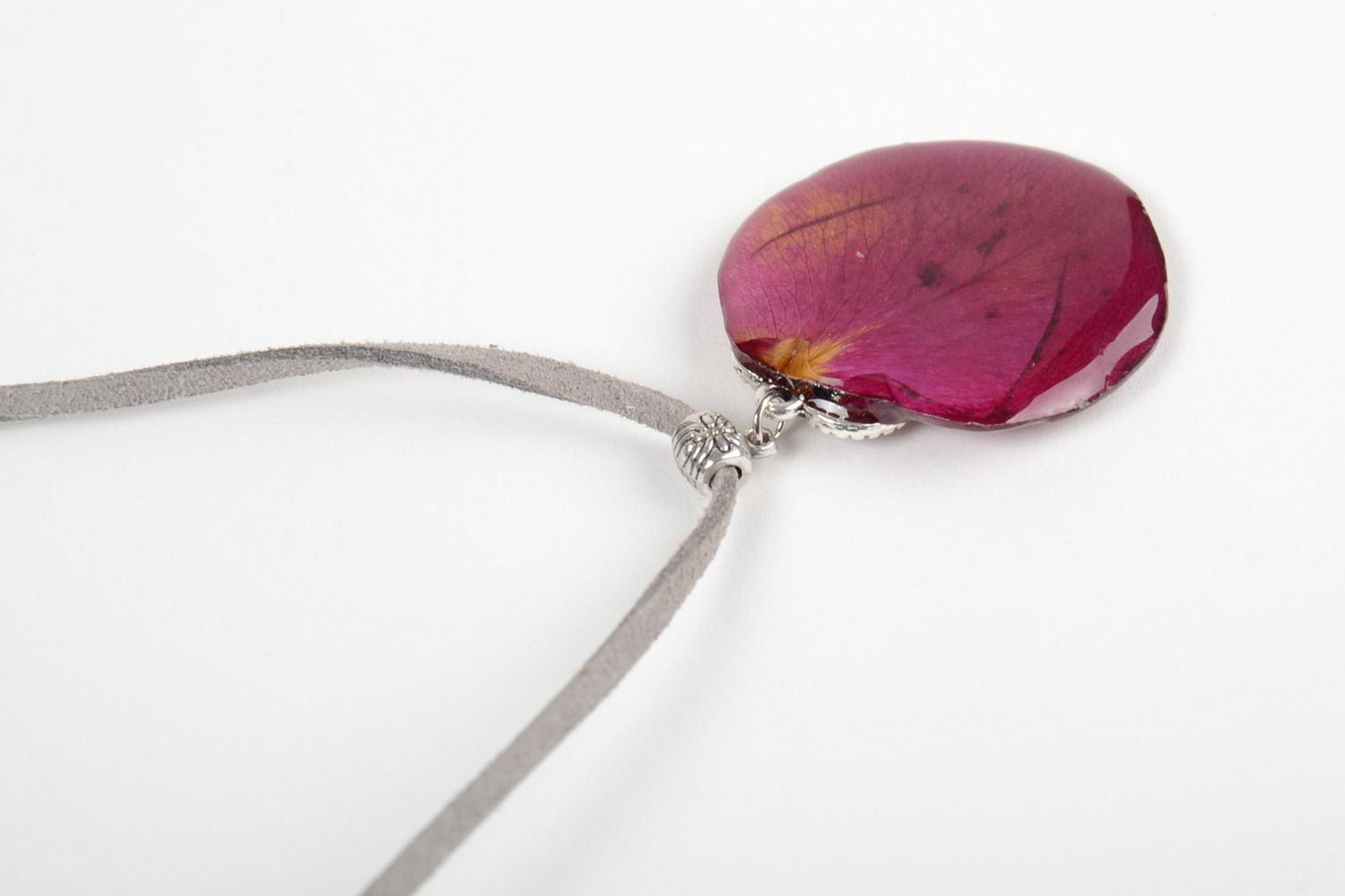 Handmade violet neck pendant on suede cord with flower petal coated with epoxy resin photo 4