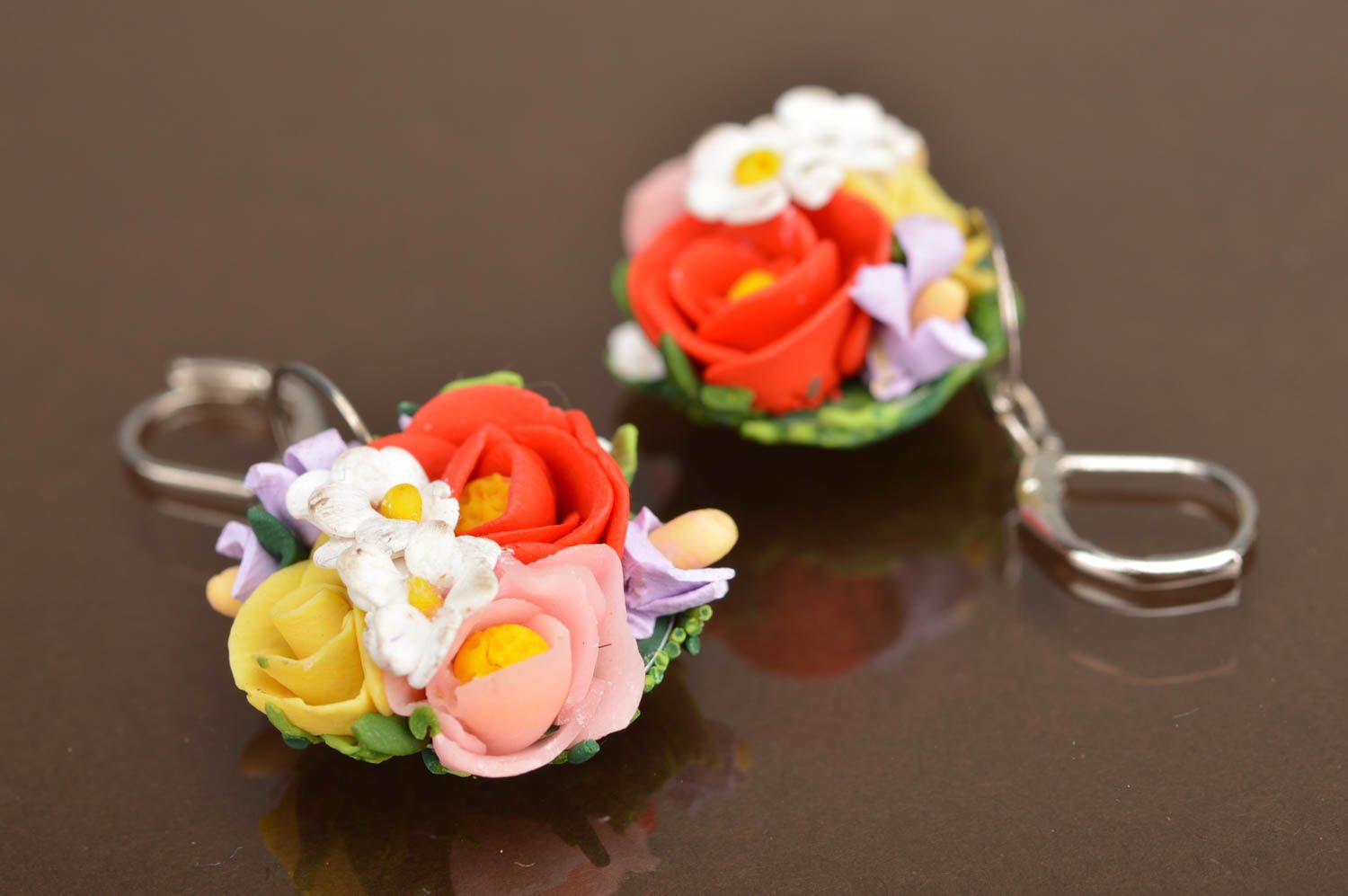 Earrings made of polymer clay with flower charms bright handmade accessory photo 2