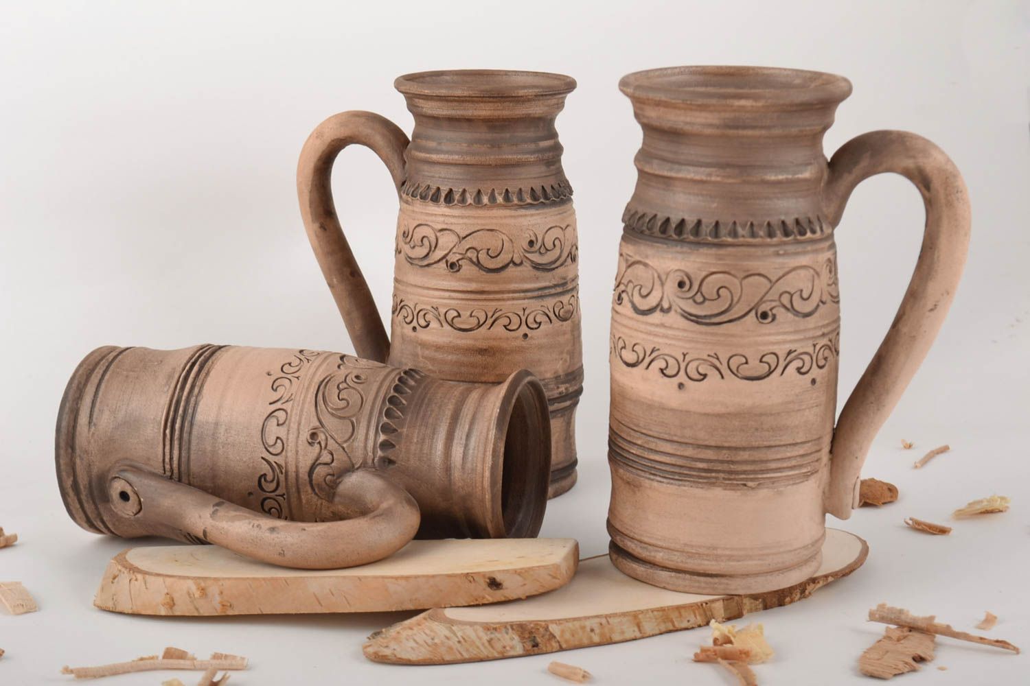 Handmade designer ethnic tall ceramic mugs set of 3 items 750 ml photo 1