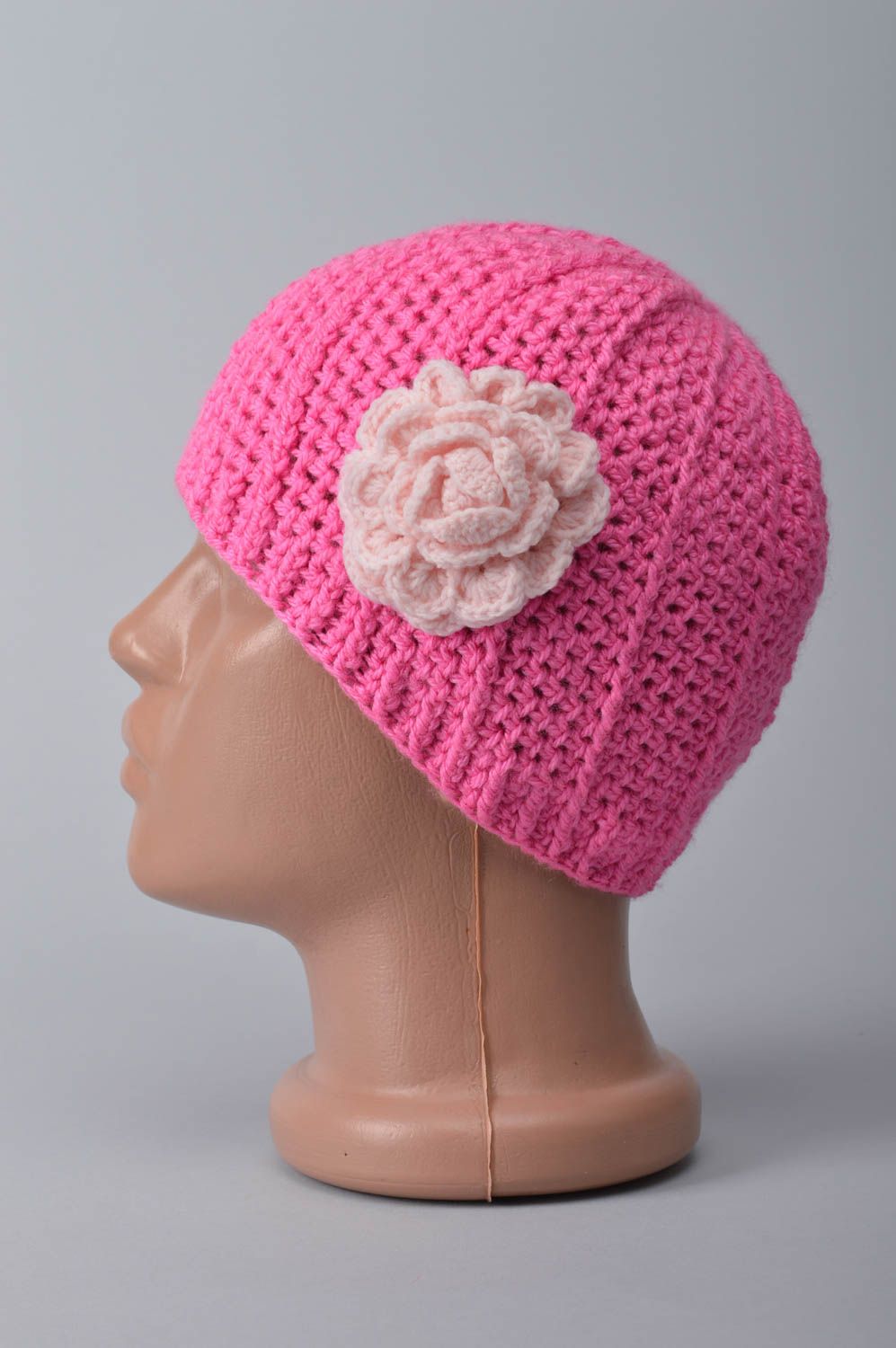 Bonnet rose avec fleur Chapeau enfant fait main en coton au crochet Cadeau fille photo 8