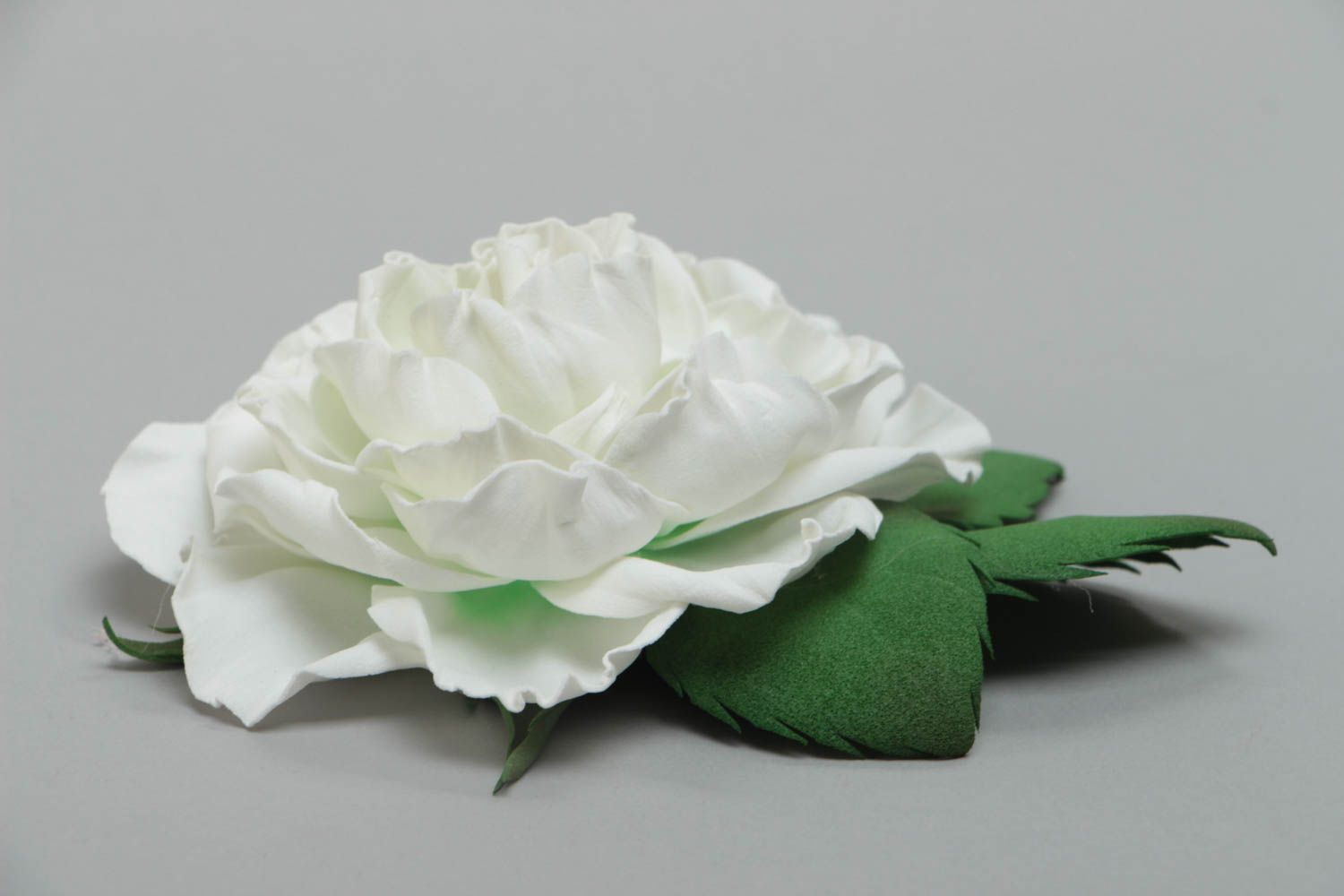 Handmade designer brooch with large volume white foamiran flower and green leaf photo 3