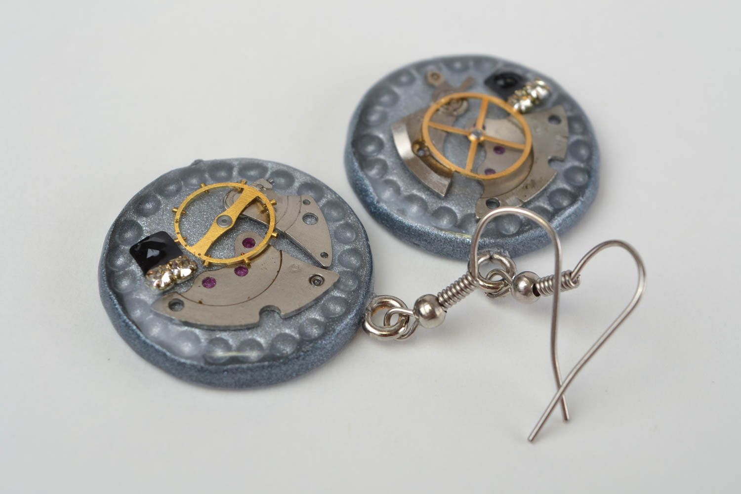 Beautiful handmade designer polymer clay round earrings in steampunk style photo 4