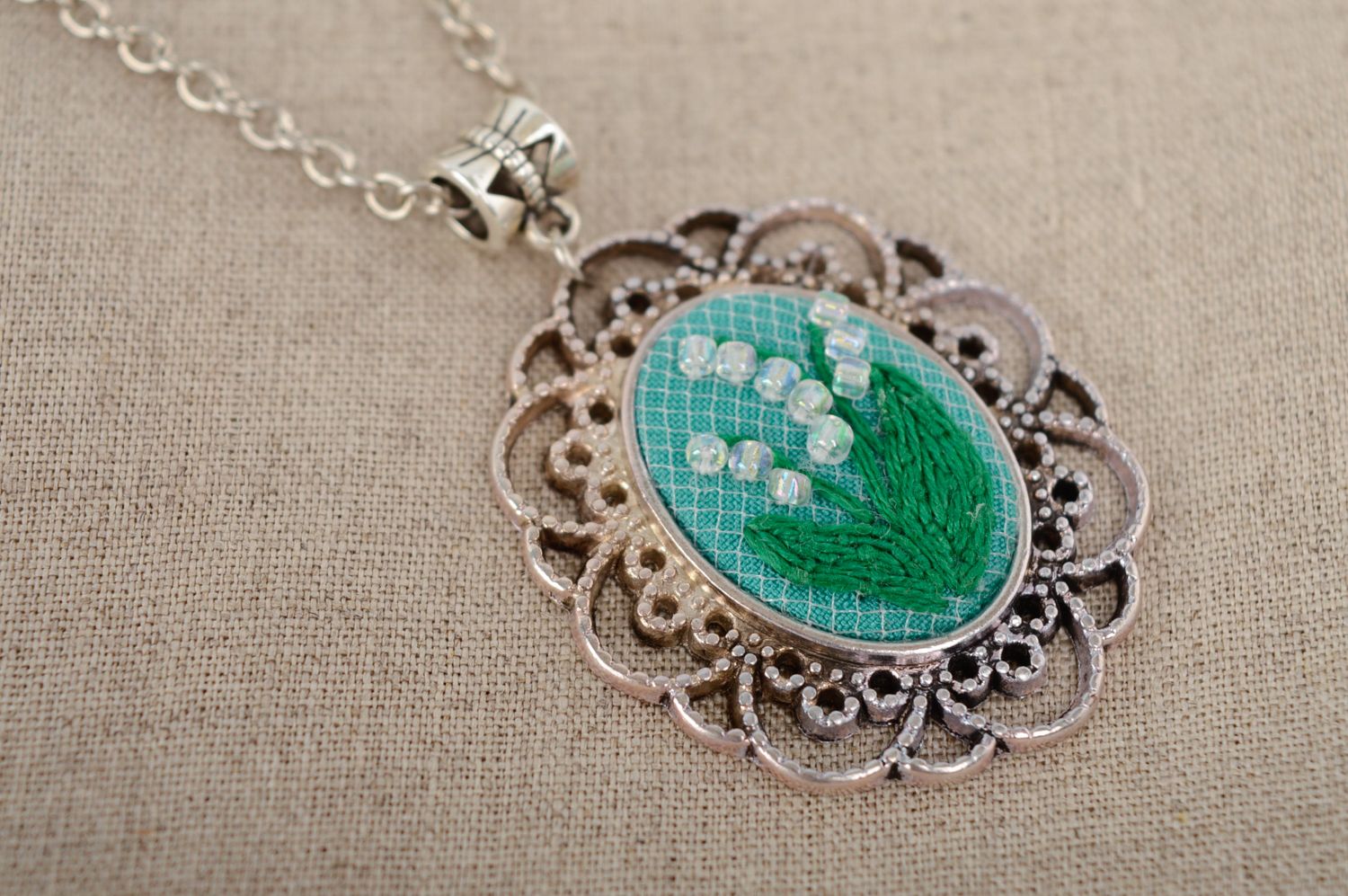 Vintage pendant embroidered with beads in rococo style photo 4