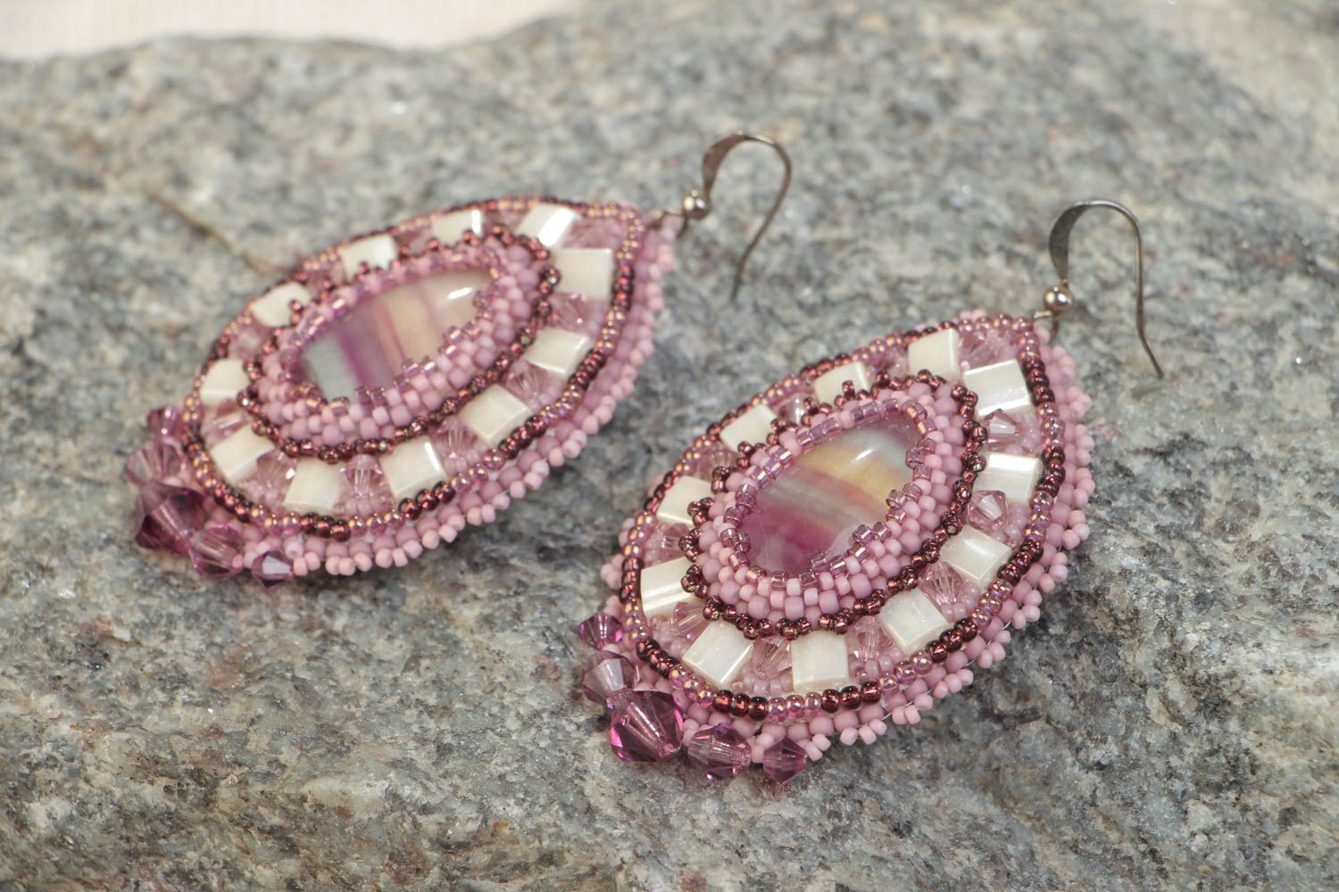 Handmade violet earrings embroidered with beads crystals and natural stone photo 1