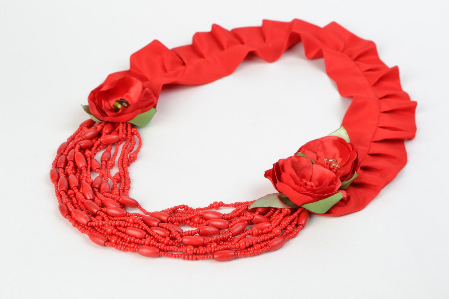 Handmade massive red chiffon fabric flower necklace with beads Poppies photo 2