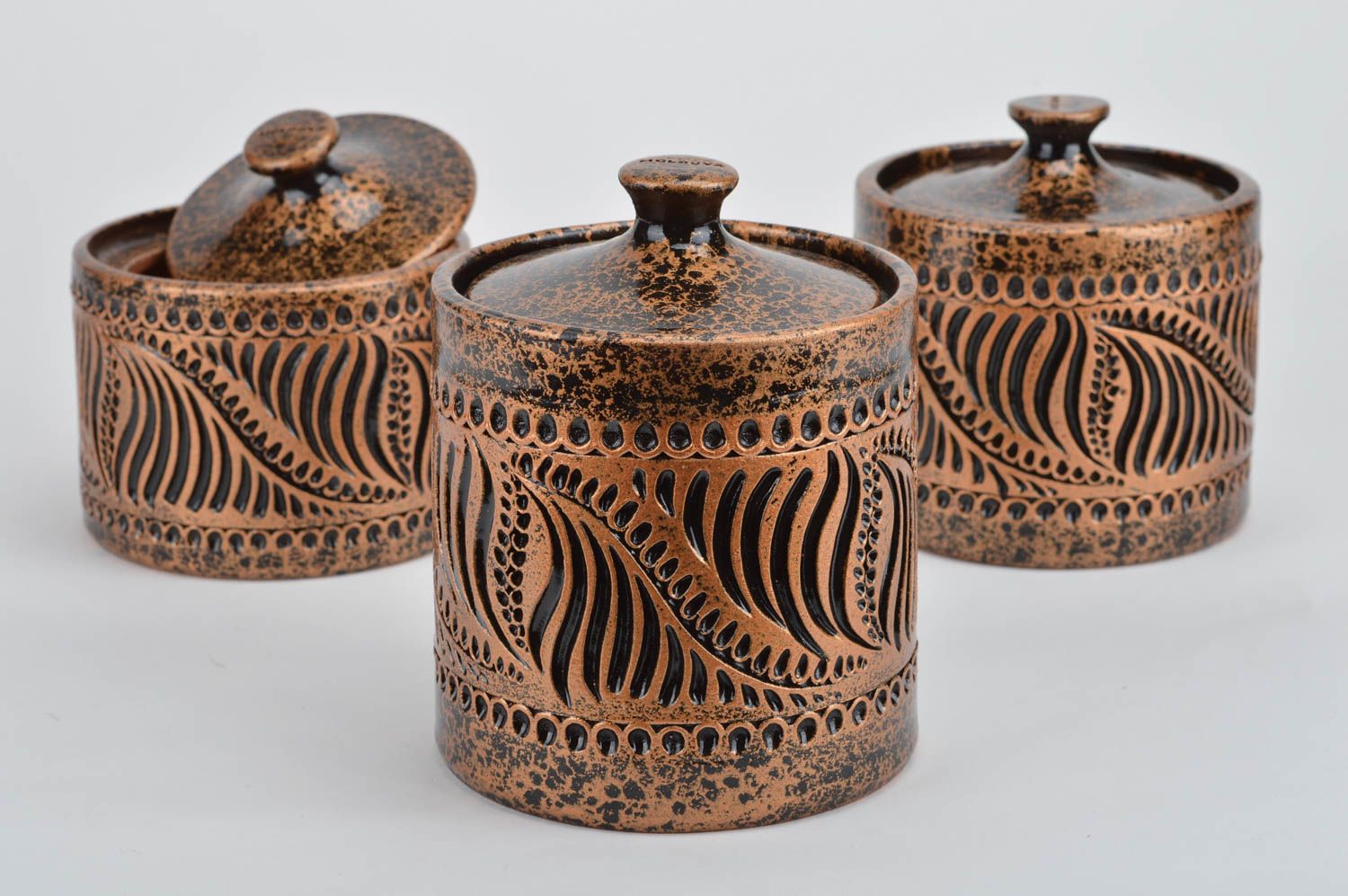 Conjunto de tarros de barro 3 piezas cerámica artesanal vasijas para especias foto 5