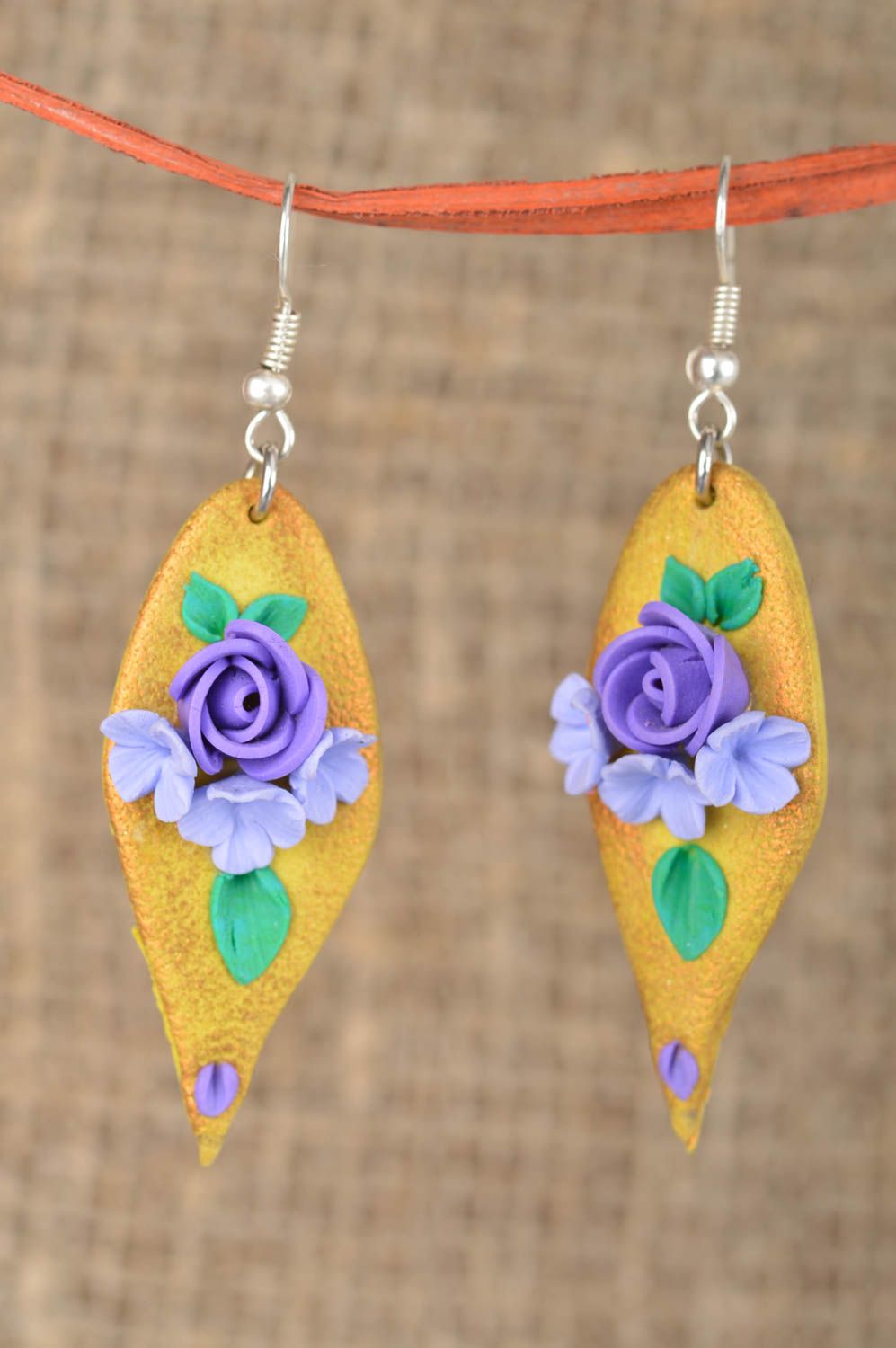 Volume long earrings made of polymer clay with flowers handmade accessory photo 1