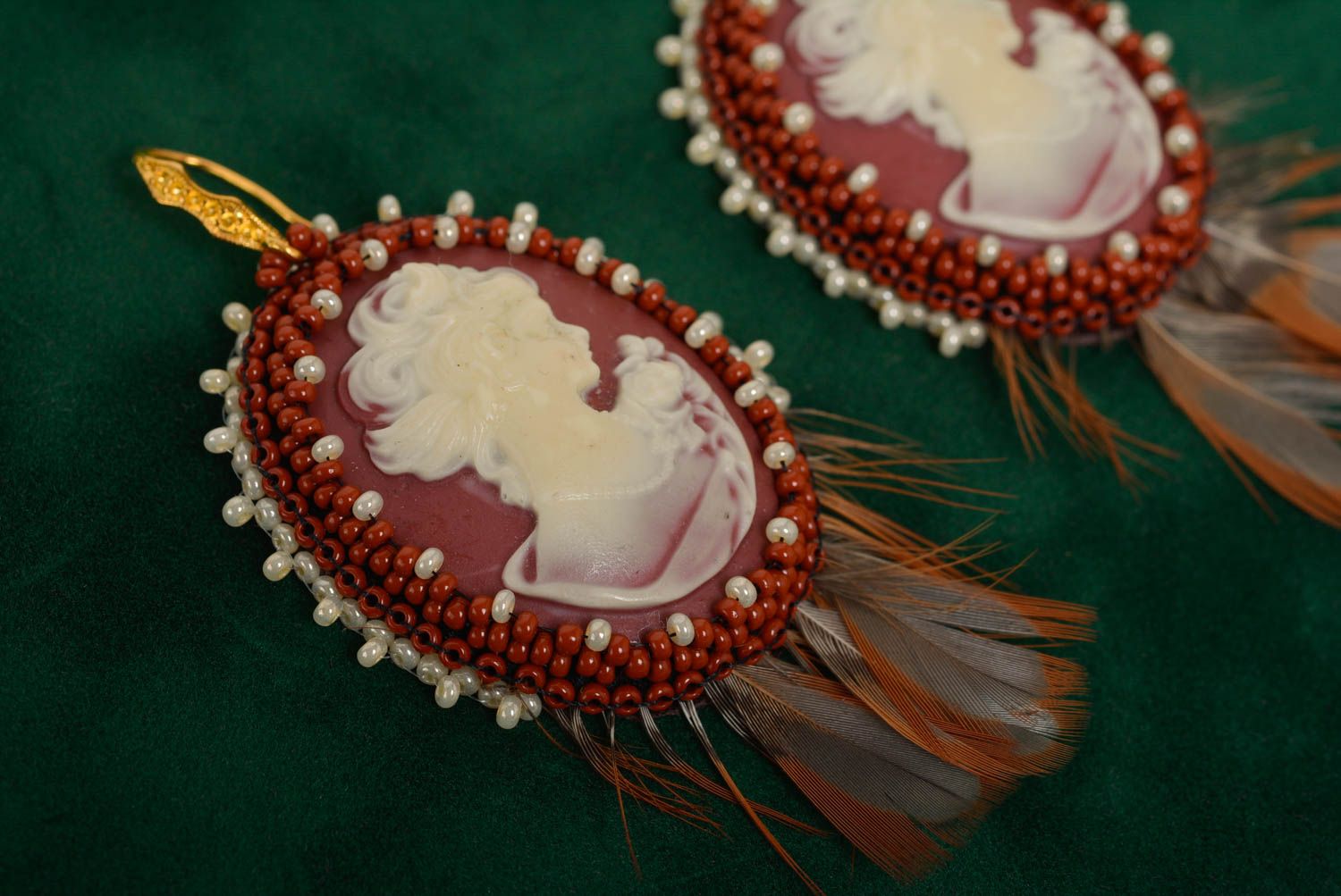 Beautiful handmade women's beaded earrings with cameo photo 3