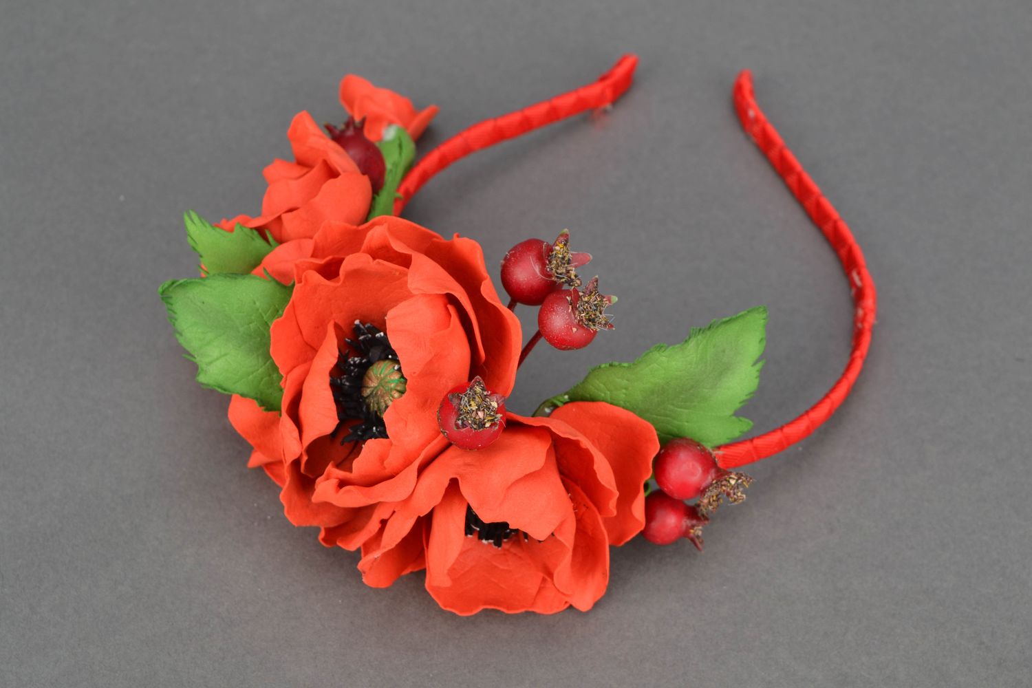 Serre-tête fleurs de pavot rouge fait main photo 2
