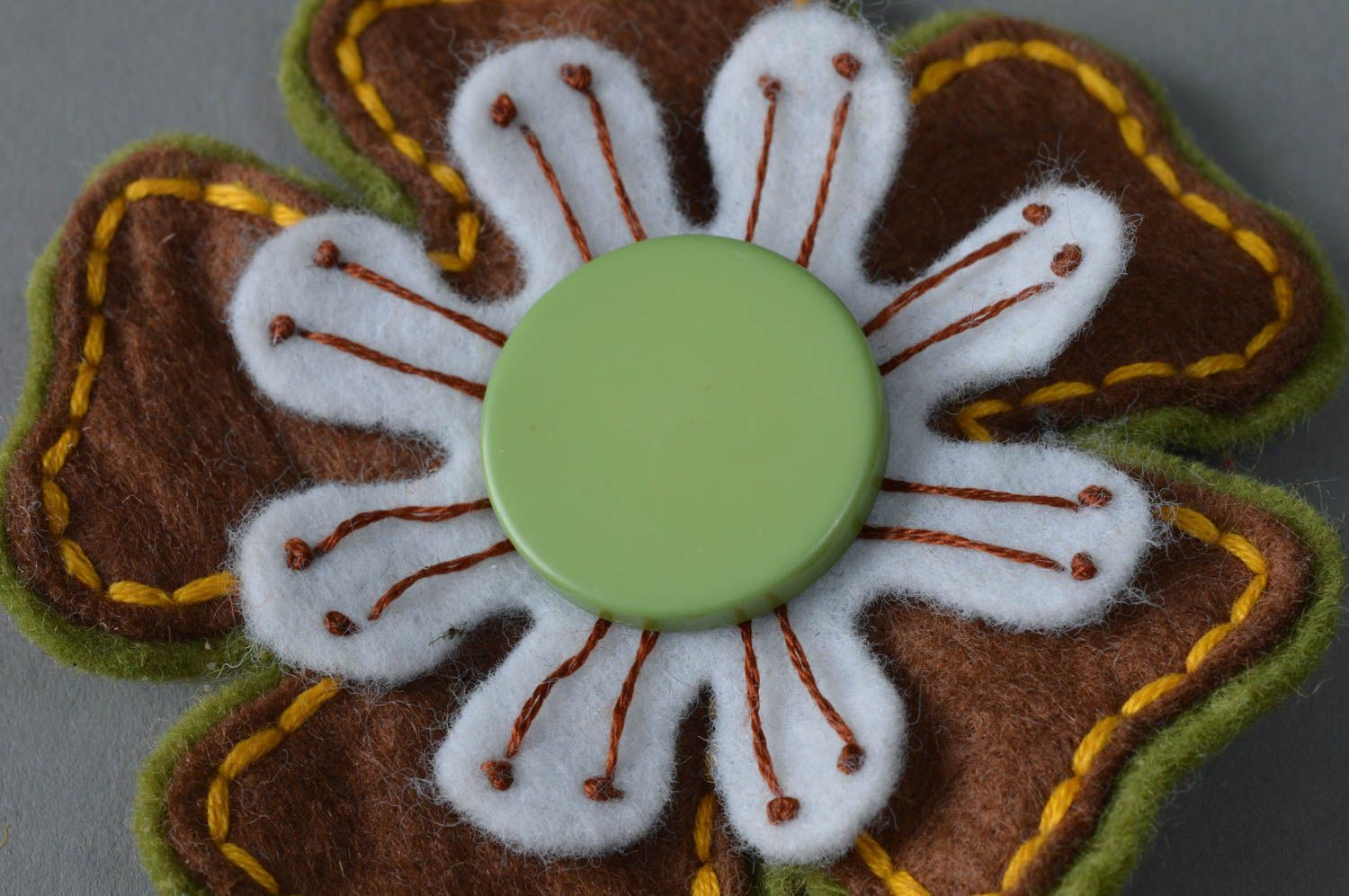 Handmade large designer felt brooch with green brown and white flower  photo 1