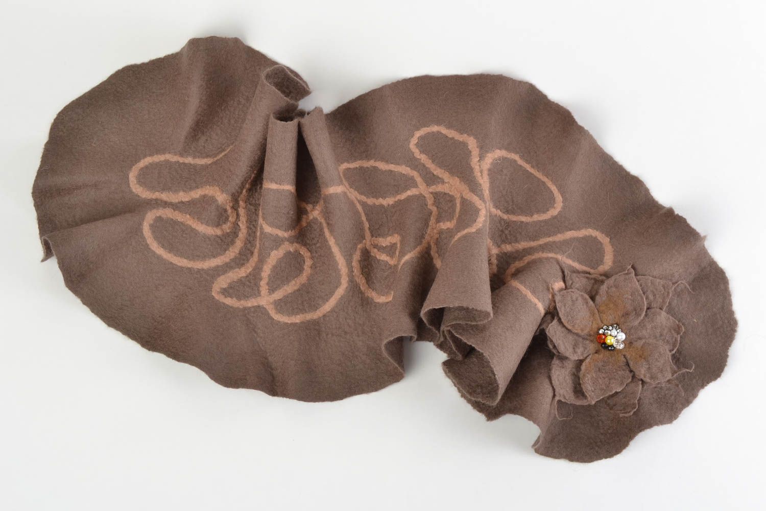 Warm scarf with flower brooch made of merino wool coffee with milk color  photo 3