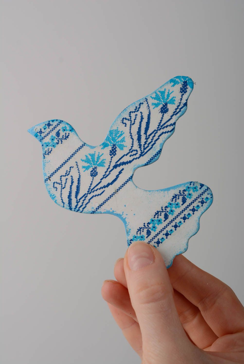 Magnet pour frigo Oiseau Pigeon blanc à motif bleu décor en bois fait main photo 5