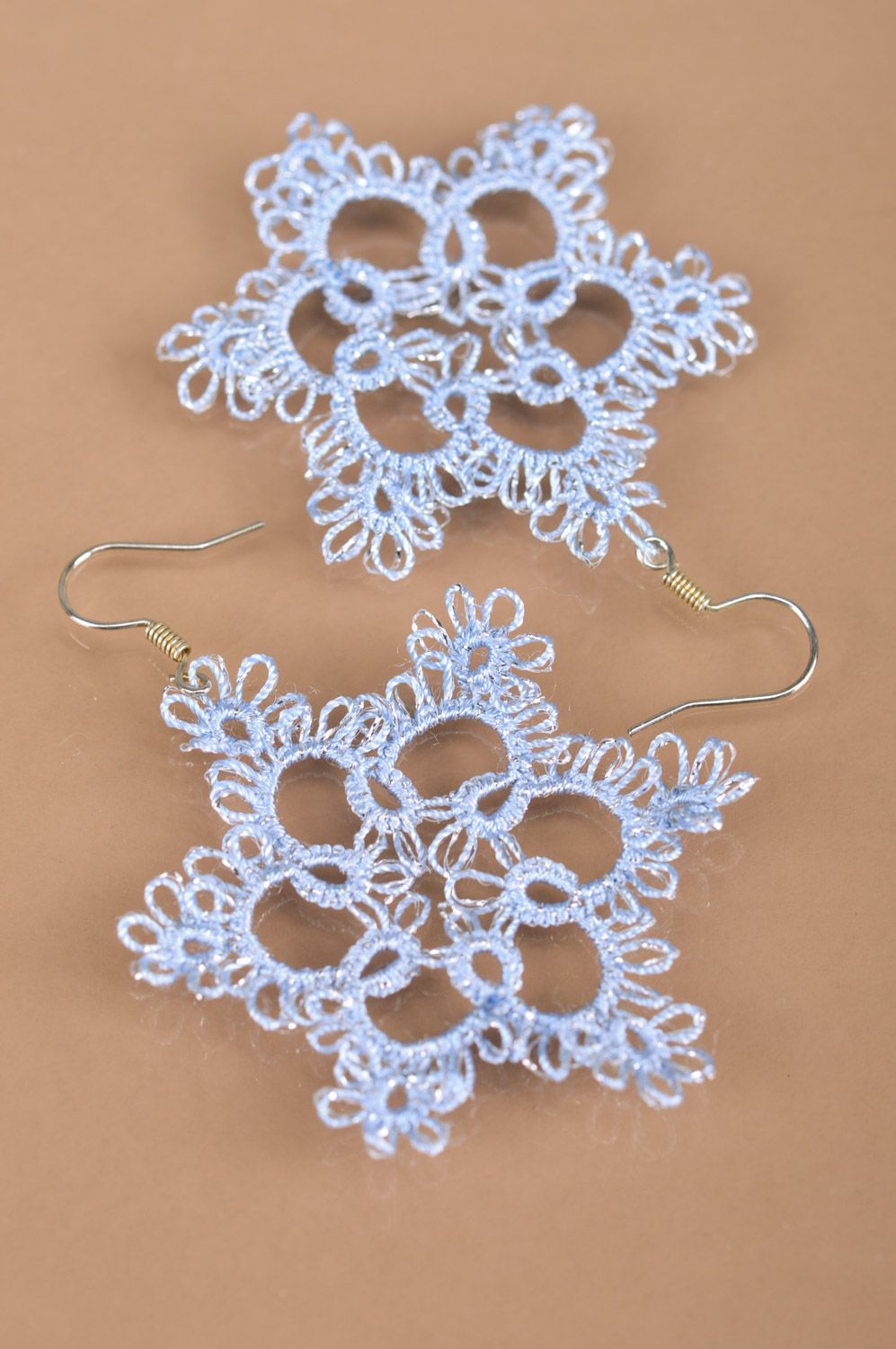 Handmade lacy tatted dangle earrings woven of tender blue satin thread Snowflakes photo 4