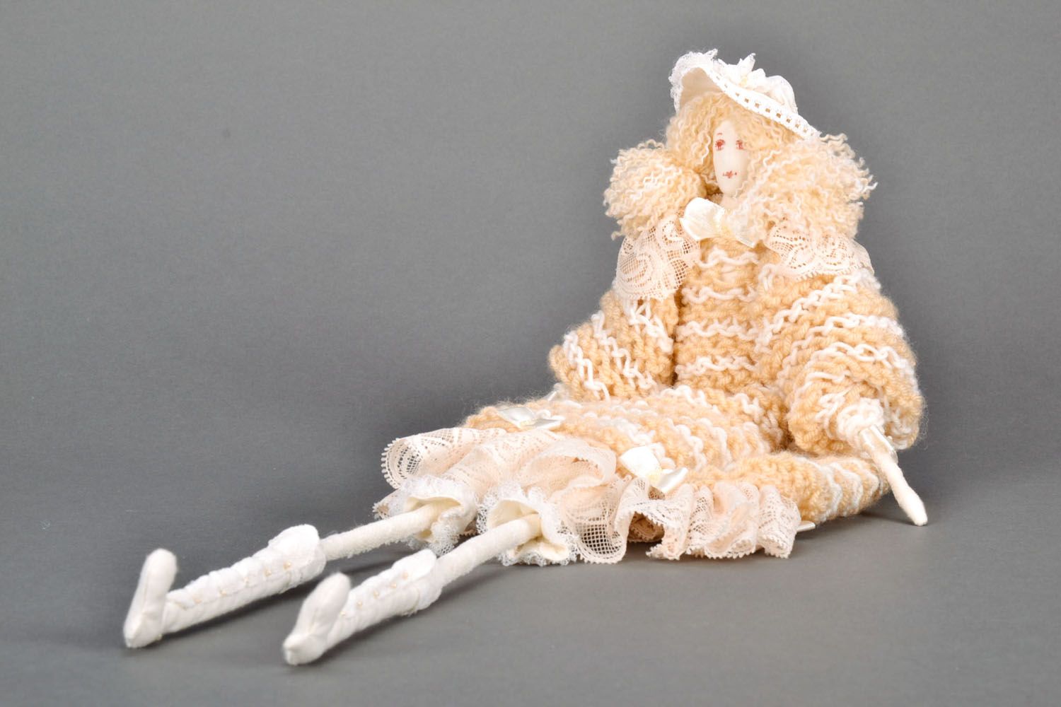 Designer knitted doll in cream dress photo 4