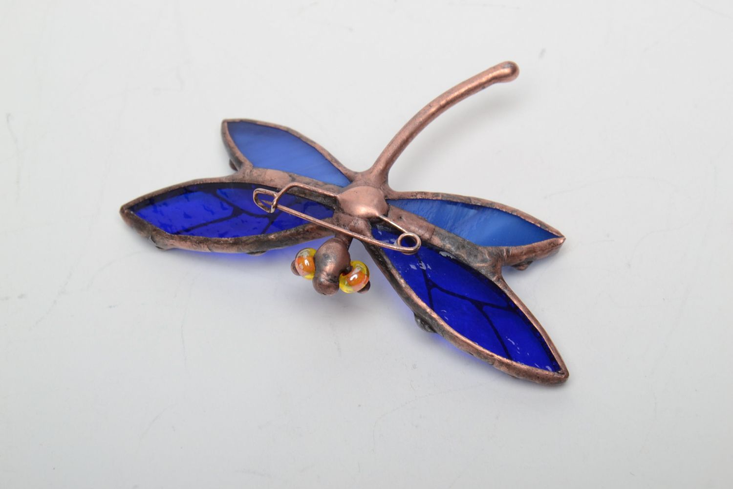 Stained glass brooch in the shape of blue dragonfly photo 4