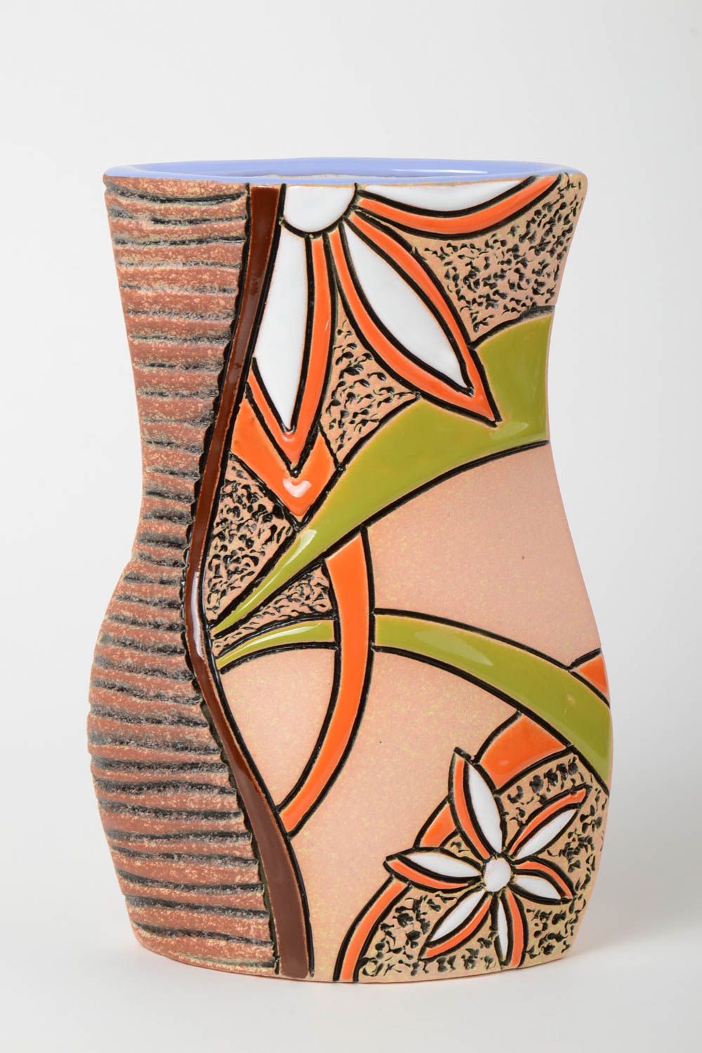 Vase en céramique peint de pigments fait main à motif floral original 1.5 l photo 2