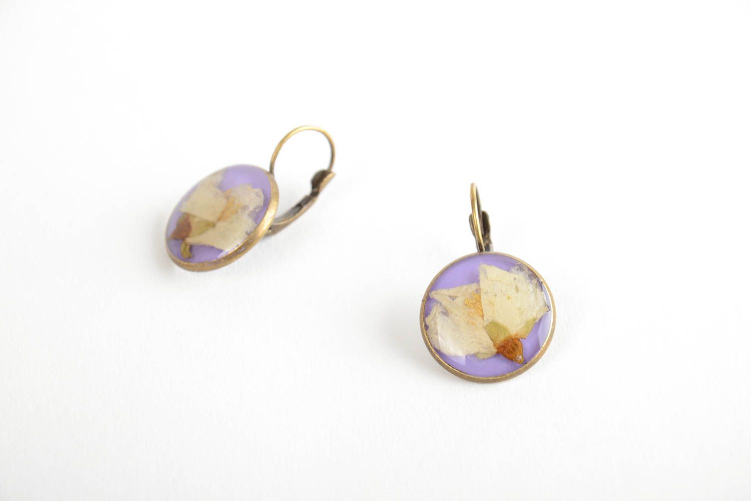 Women's handmade designer round earrings with dried flowers and epoxy resin photo 5