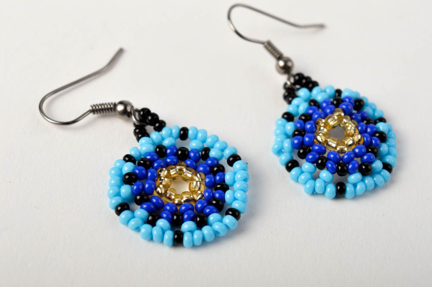 Handmade unusual earrings beaded round earrings blue accessory gift for her photo 4