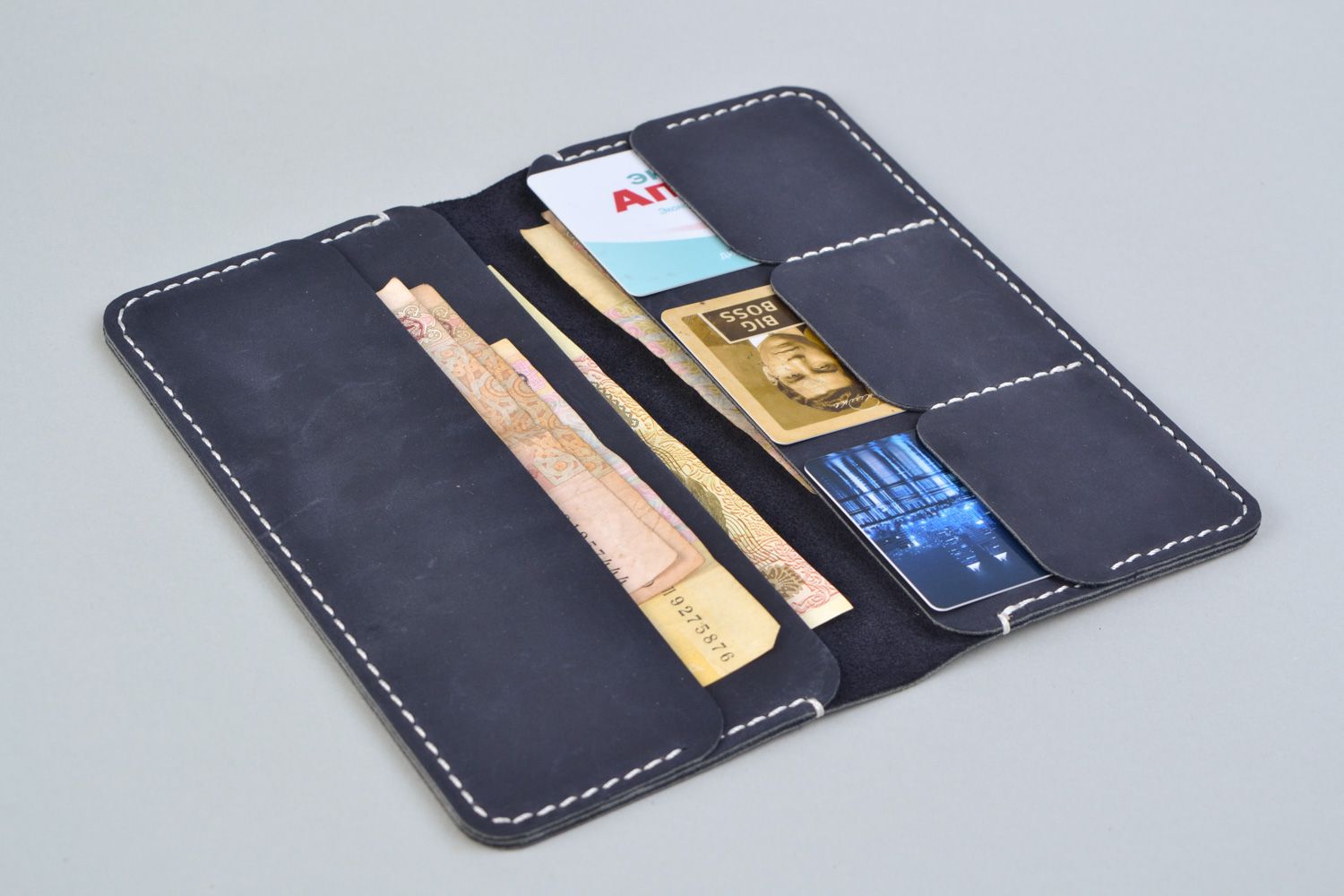 Portefeuille en vrai cuir fait main bleu à six compartiments pratique original photo 4