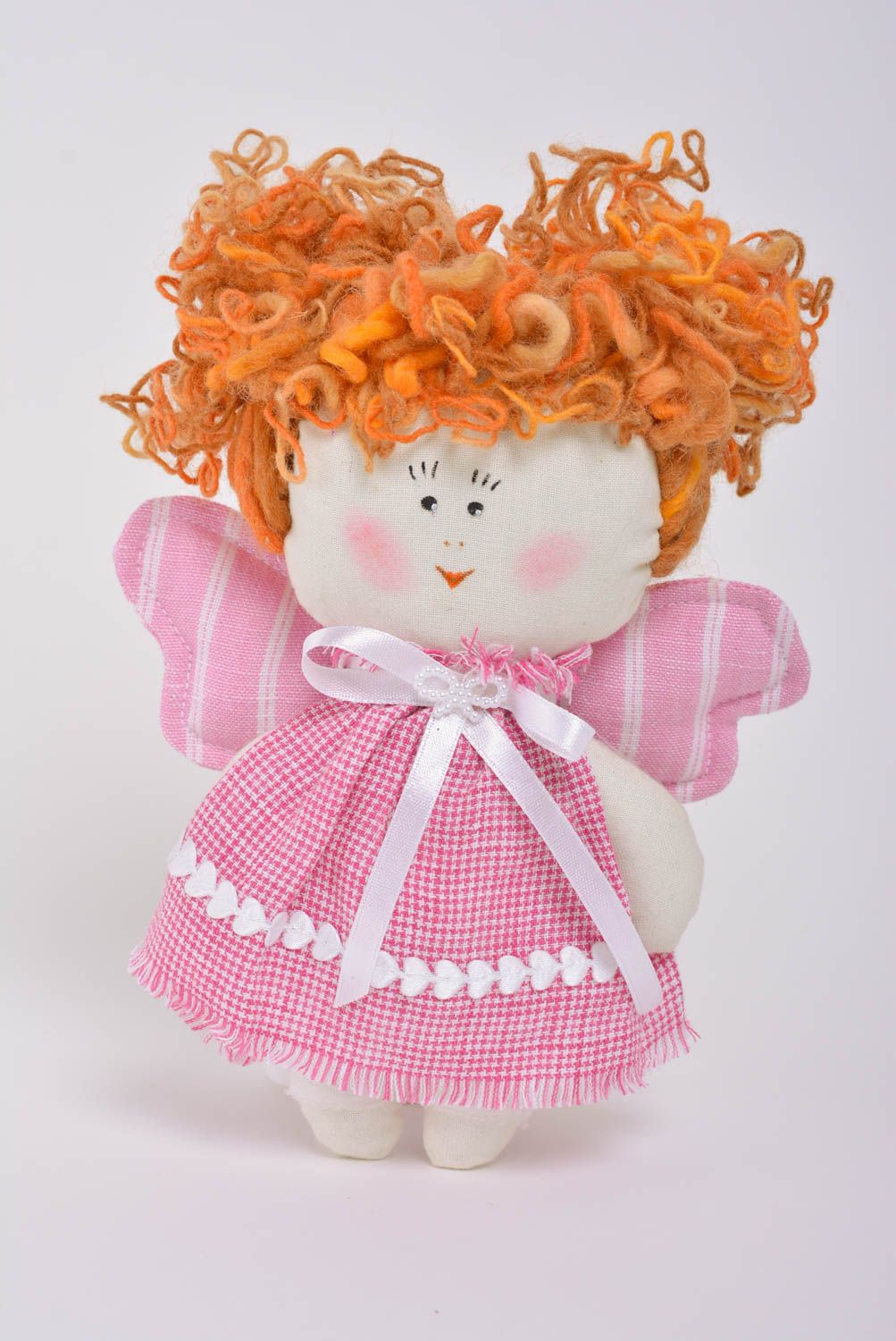 Handmade cotton fabric soft toy angel girl in pink dress with ginger hair photo 1