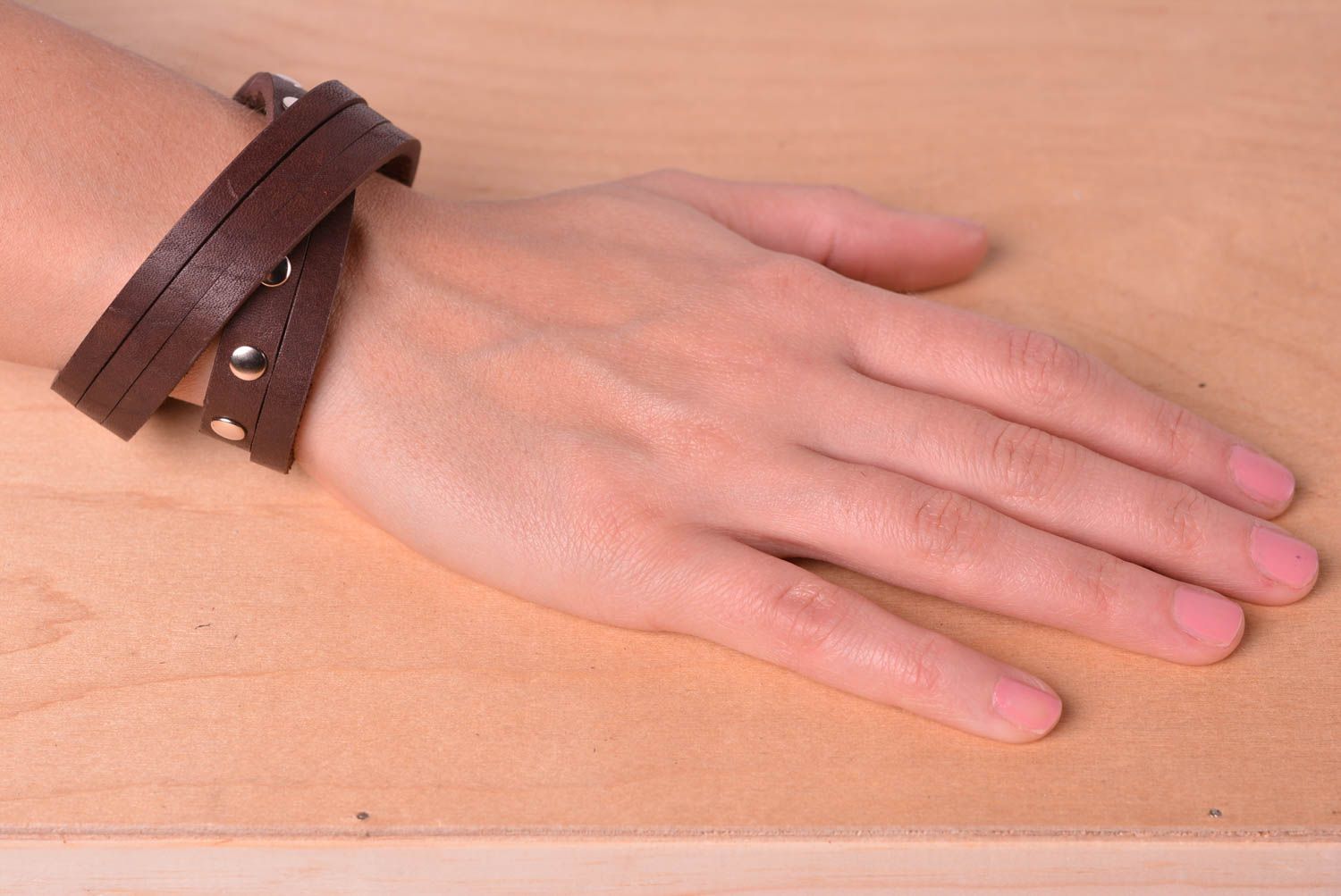 Handmade brown leather bracelet unusual wrist accessory casual style bracelet photo 2
