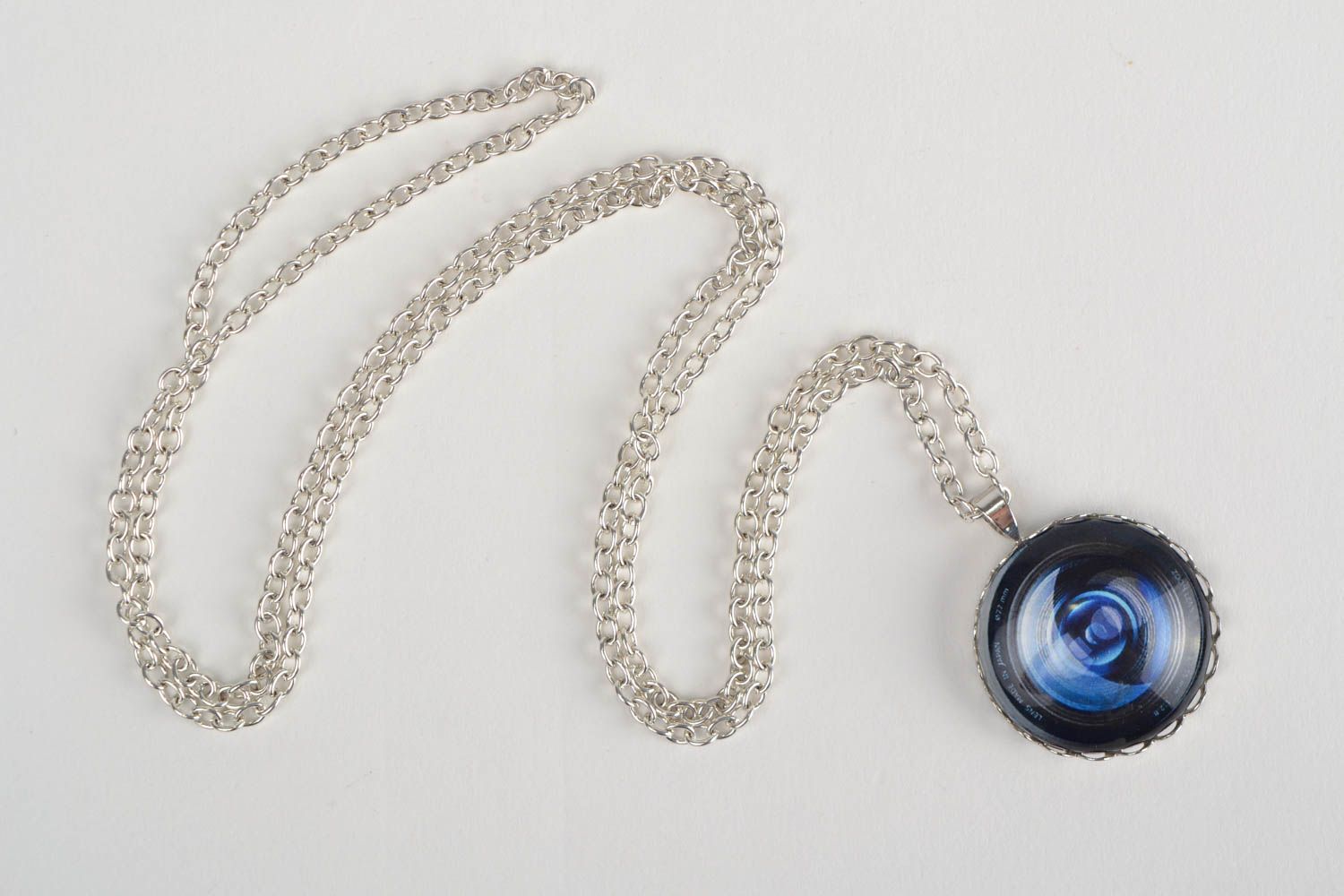 Handmade designer round metal pendant with glass coating on long chain Lens photo 1