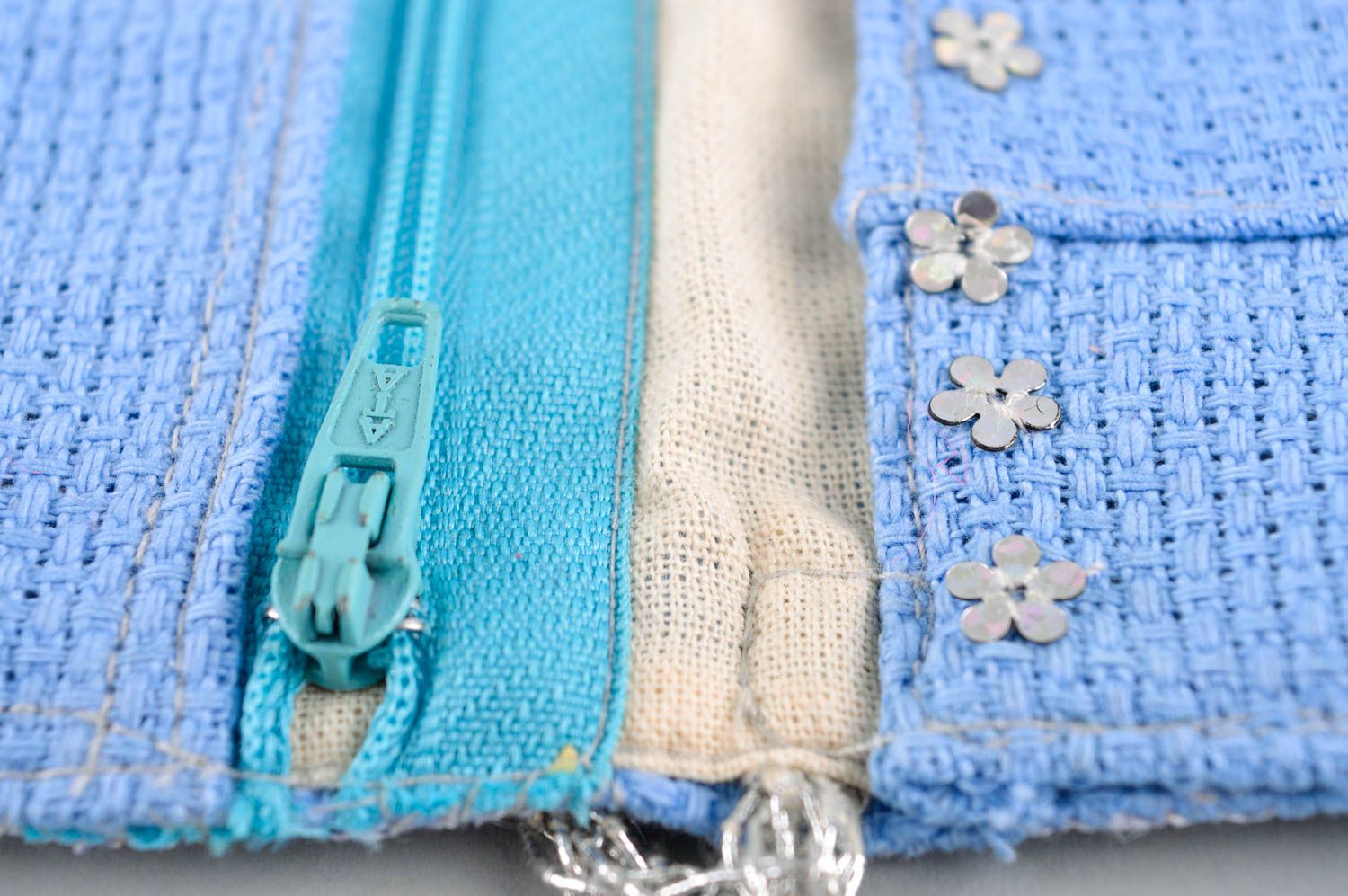 Stylish bag made of fabric handmade accessory with zipper blue feminine purse photo 5