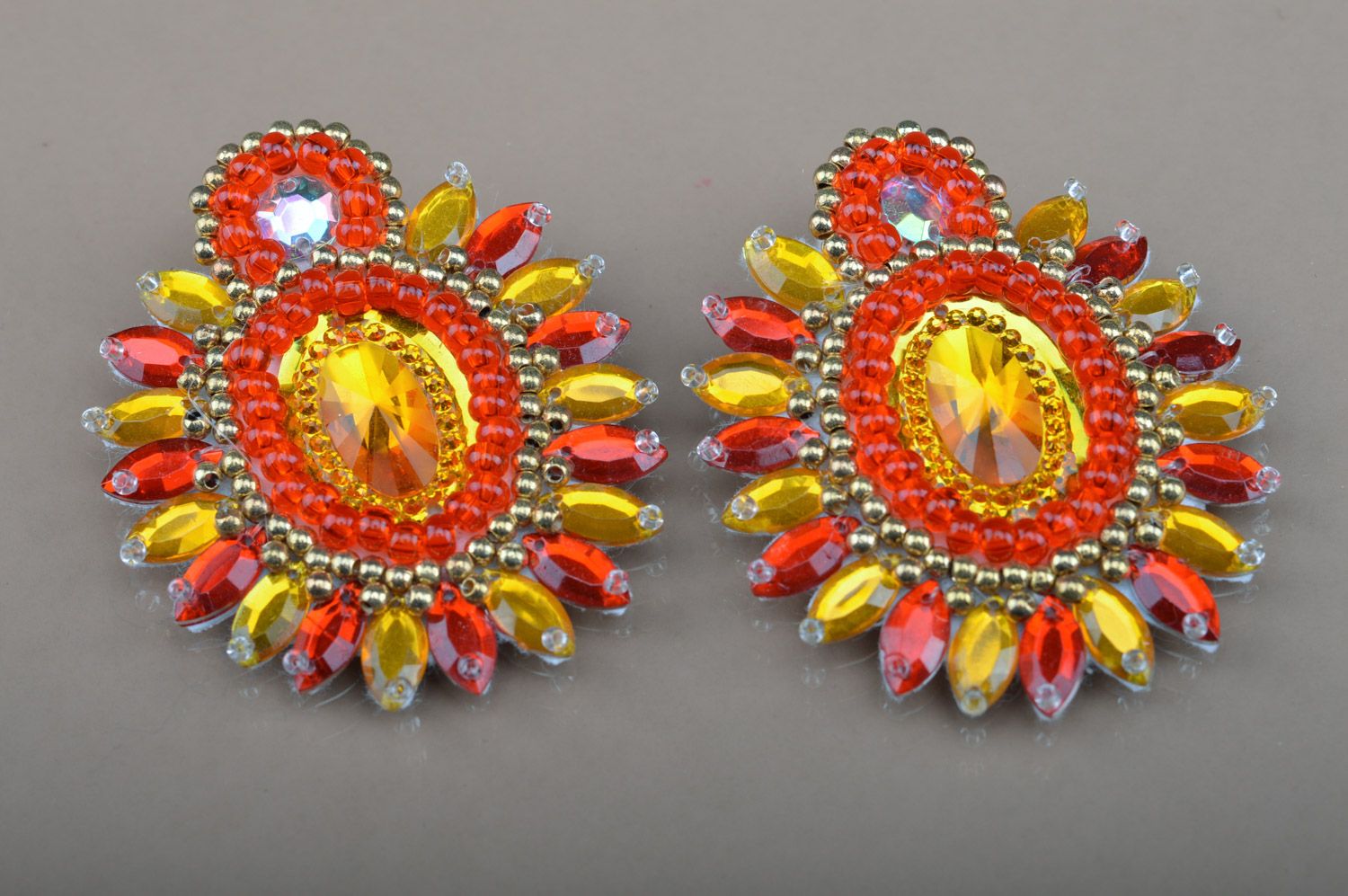 Handmade yellow and red round beaded stud earrings with stones and rhinestones photo 1