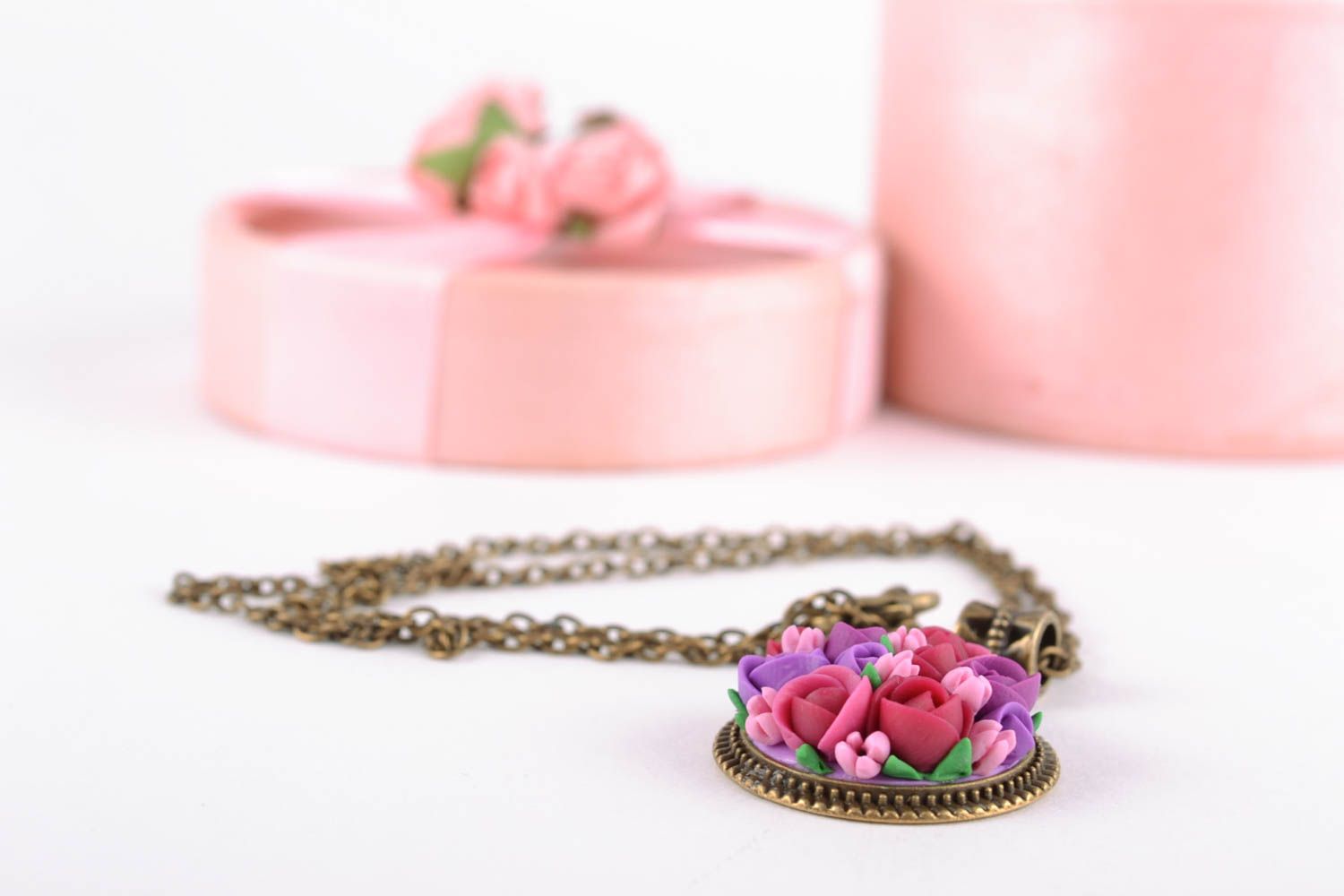 Handmade floral polymer clay pendant on chain photo 1