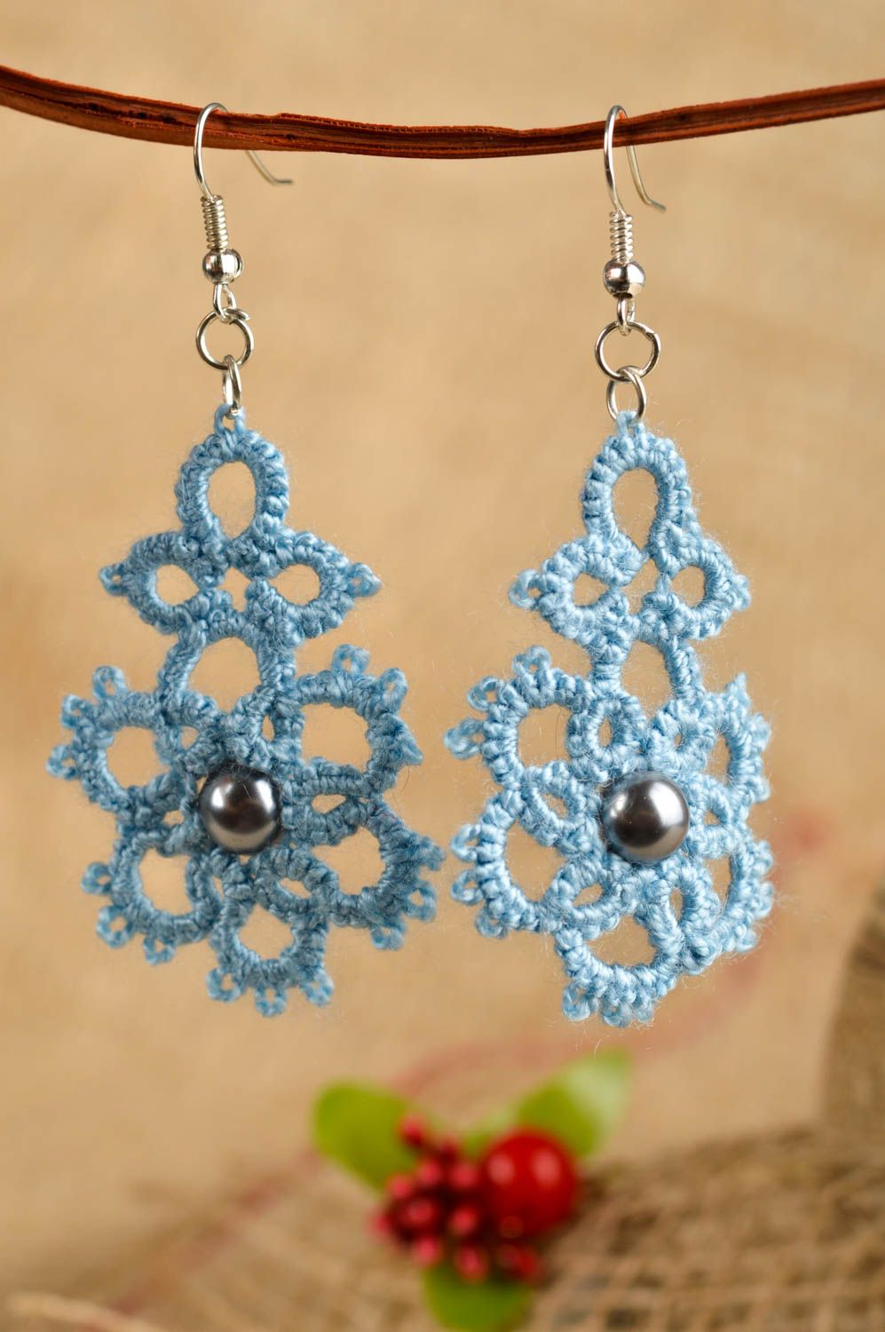 Handmade lace earrings stylish blue jewelry unusual designer accessories photo 1