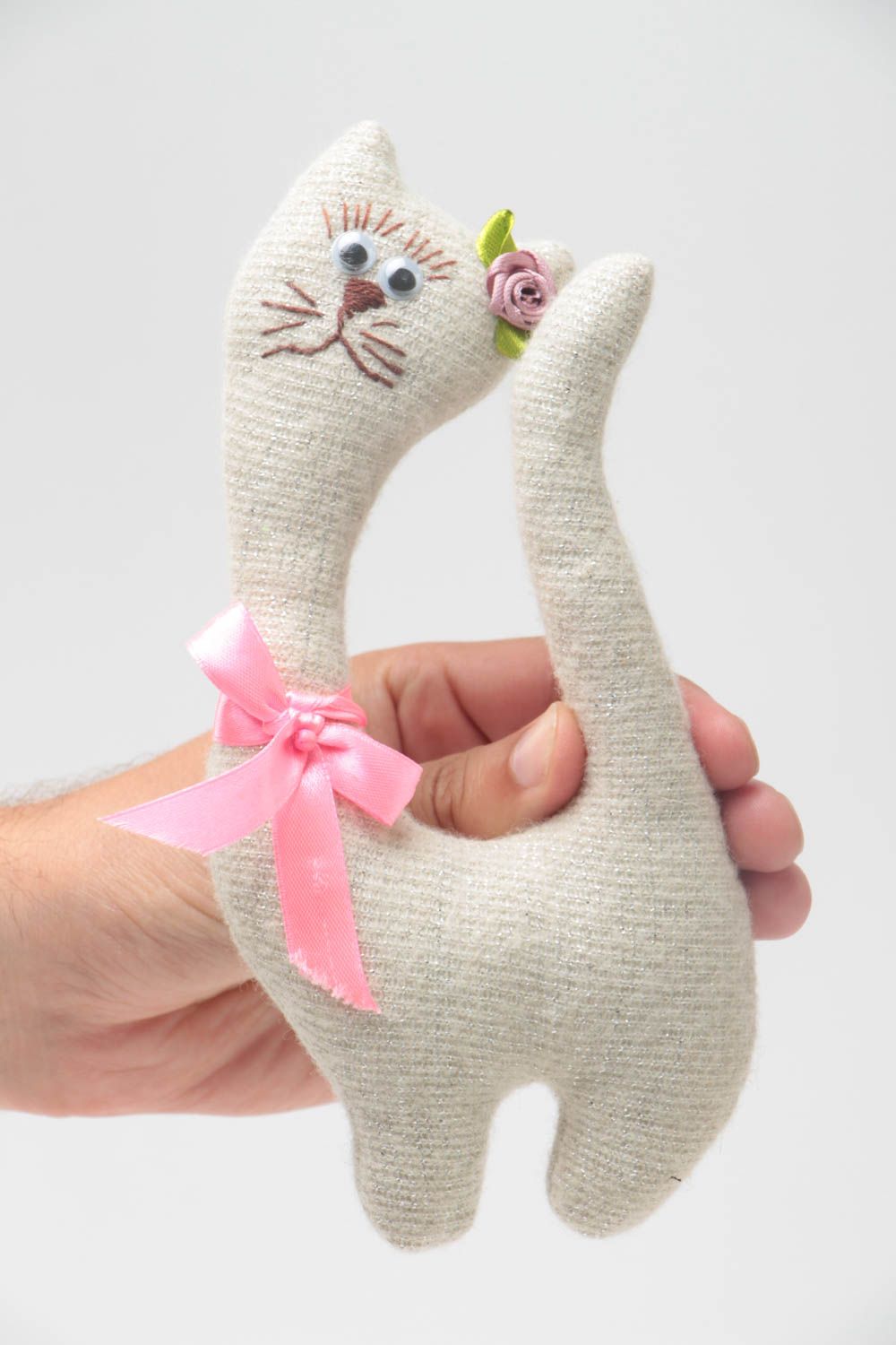 Soft toy handmade cotton and wool cat with a bow nice present for children photo 5