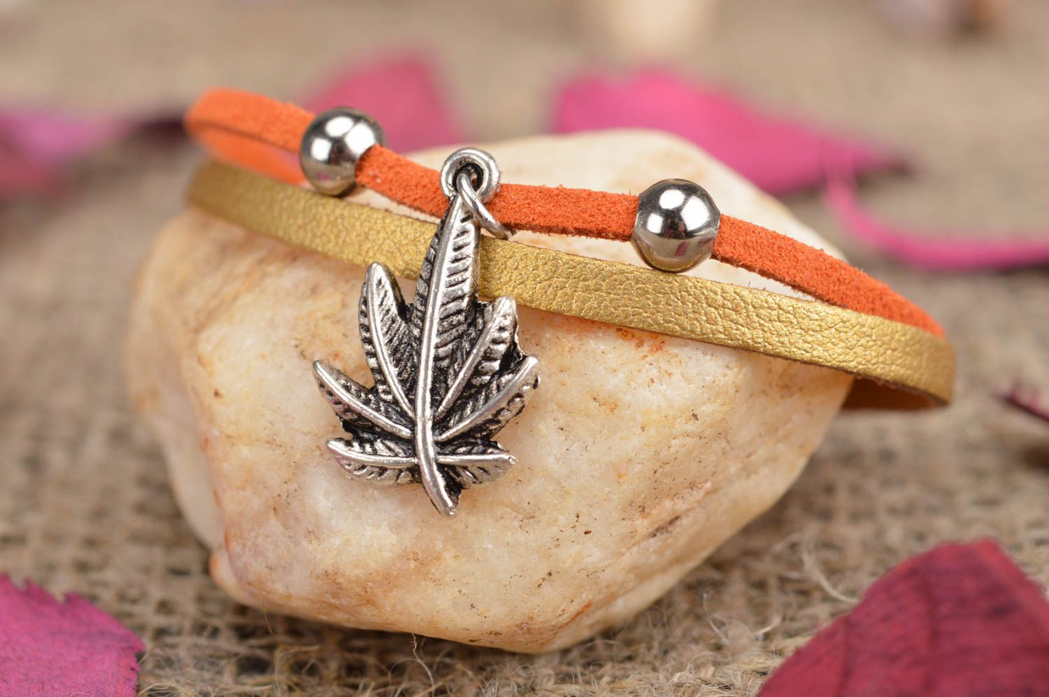 Handmade designer women's genuine leather cord bracelet with metal charm Leaf photo 1