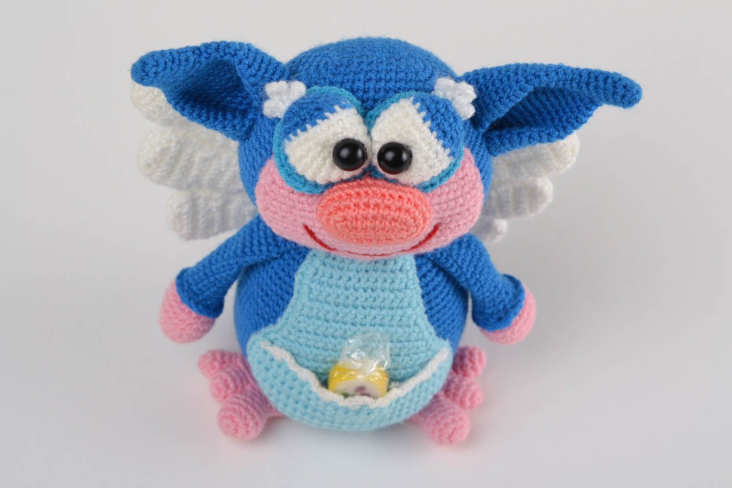 Handmade small soft toy crocheted of acrylic threads blue elf for children photo 3