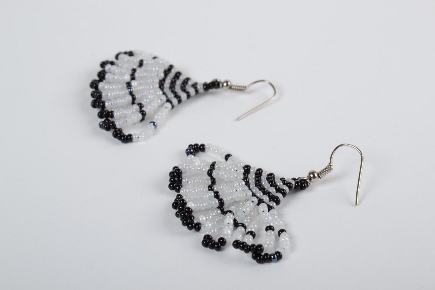 Black and white festive handmade long beaded earrings for girl photo 4