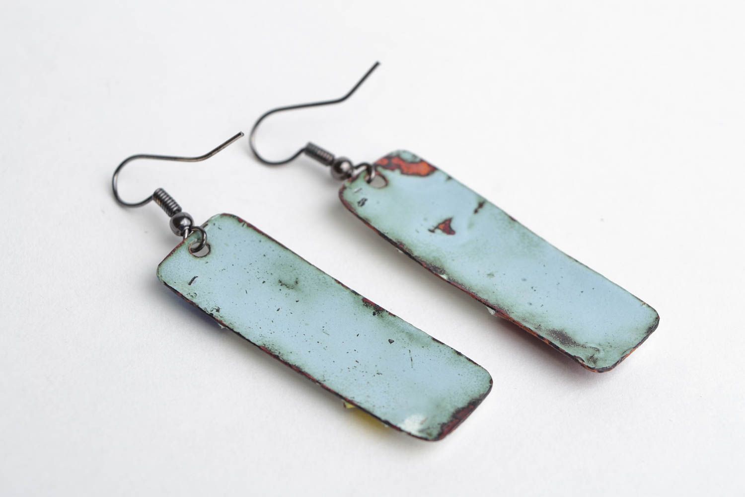 Handmade long rectangular copper earrings painted with colorful enamels Geometry photo 5