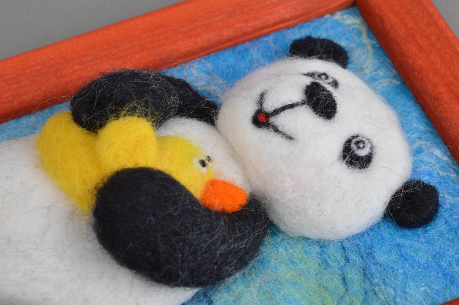 Tableau en laine feutrée fait main petit pour enfant Panda avec canard  photo 4