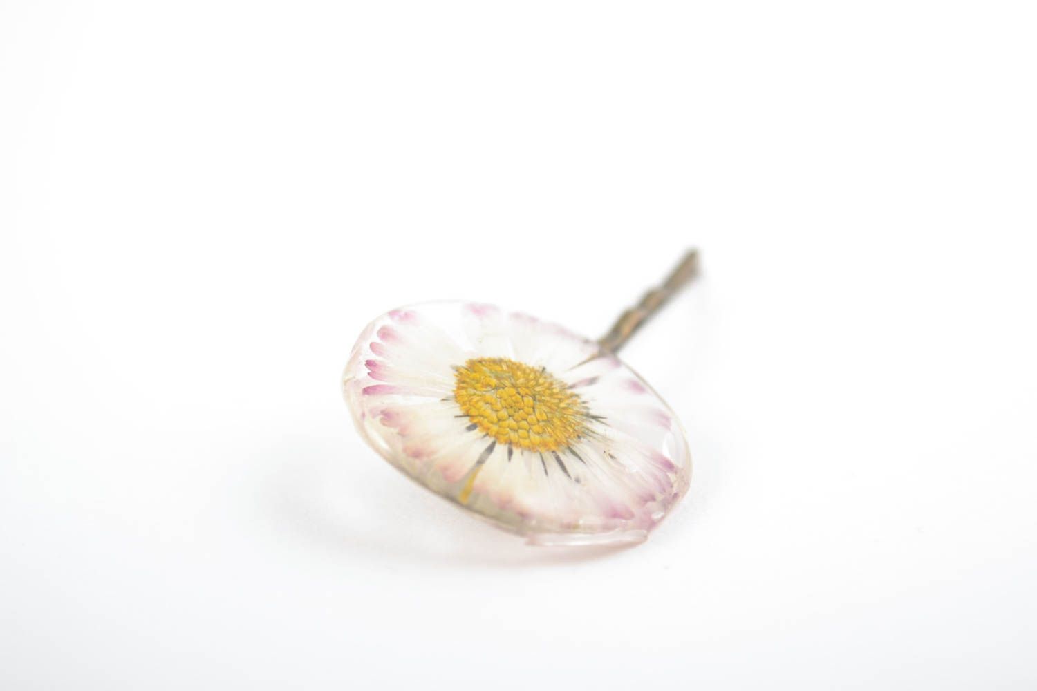 Handmade decorative metal hair pin with natural dried flower in epoxy resin photo 4