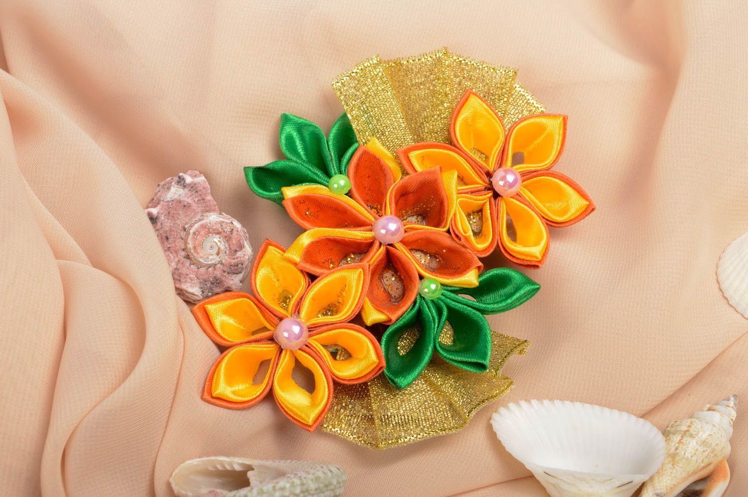 Orange Blume Haarspange handgemachter Schmuck Accessoire für Mädchen grell  foto 1