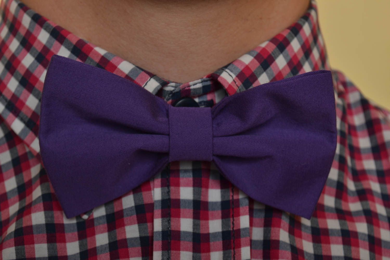 Unusual beautiful handmade violet fabric bow tie adjustable unisex accessory photo 1