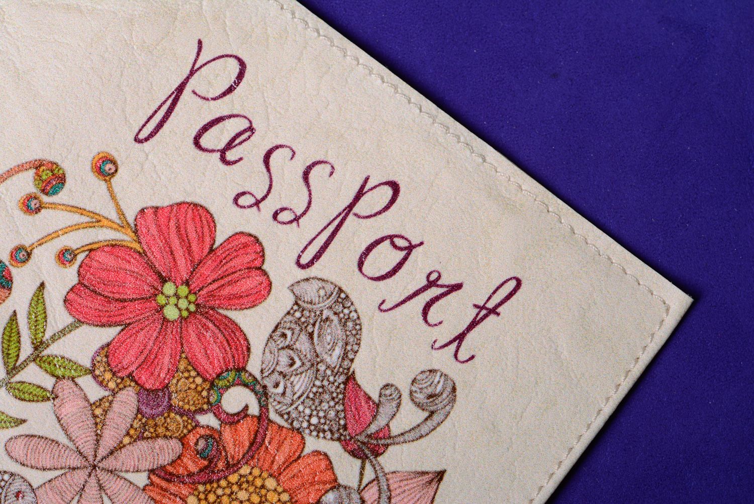 Unusual artificial leather passport cover with print Flowers photo 3