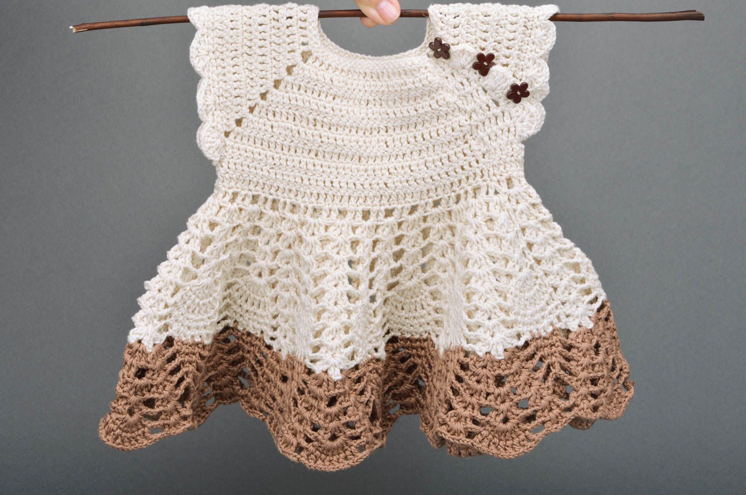 Handmade baby girl lace dress crocheted of acrylic threads beige and brown photo 4