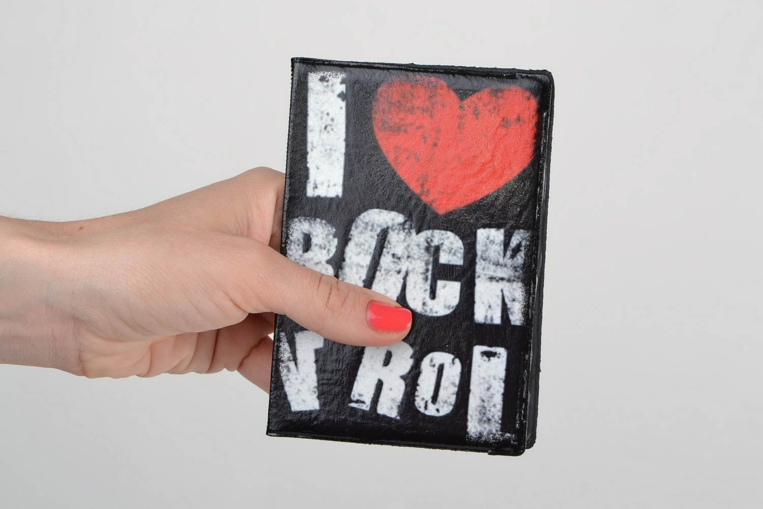 Handmade designer faux leather passport cover with decoupage I love rock n roll photo 1