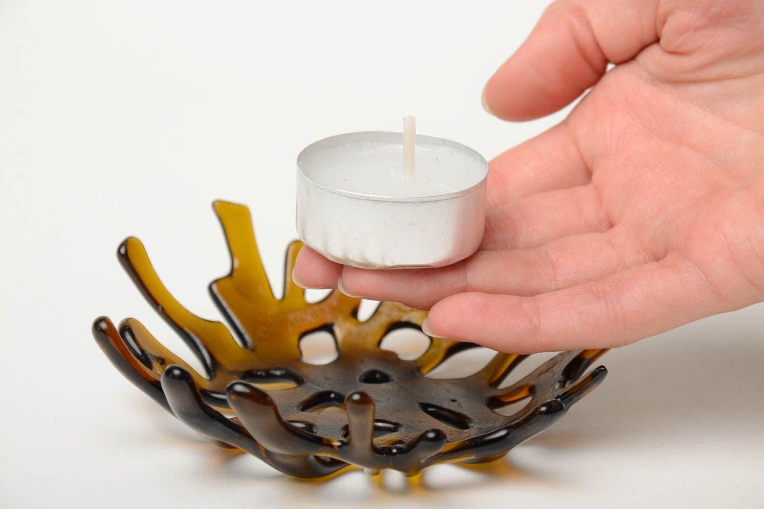 Origineller Kerzenhalter aus Glas für Teelichter Fusing Technik handmade braun foto 2