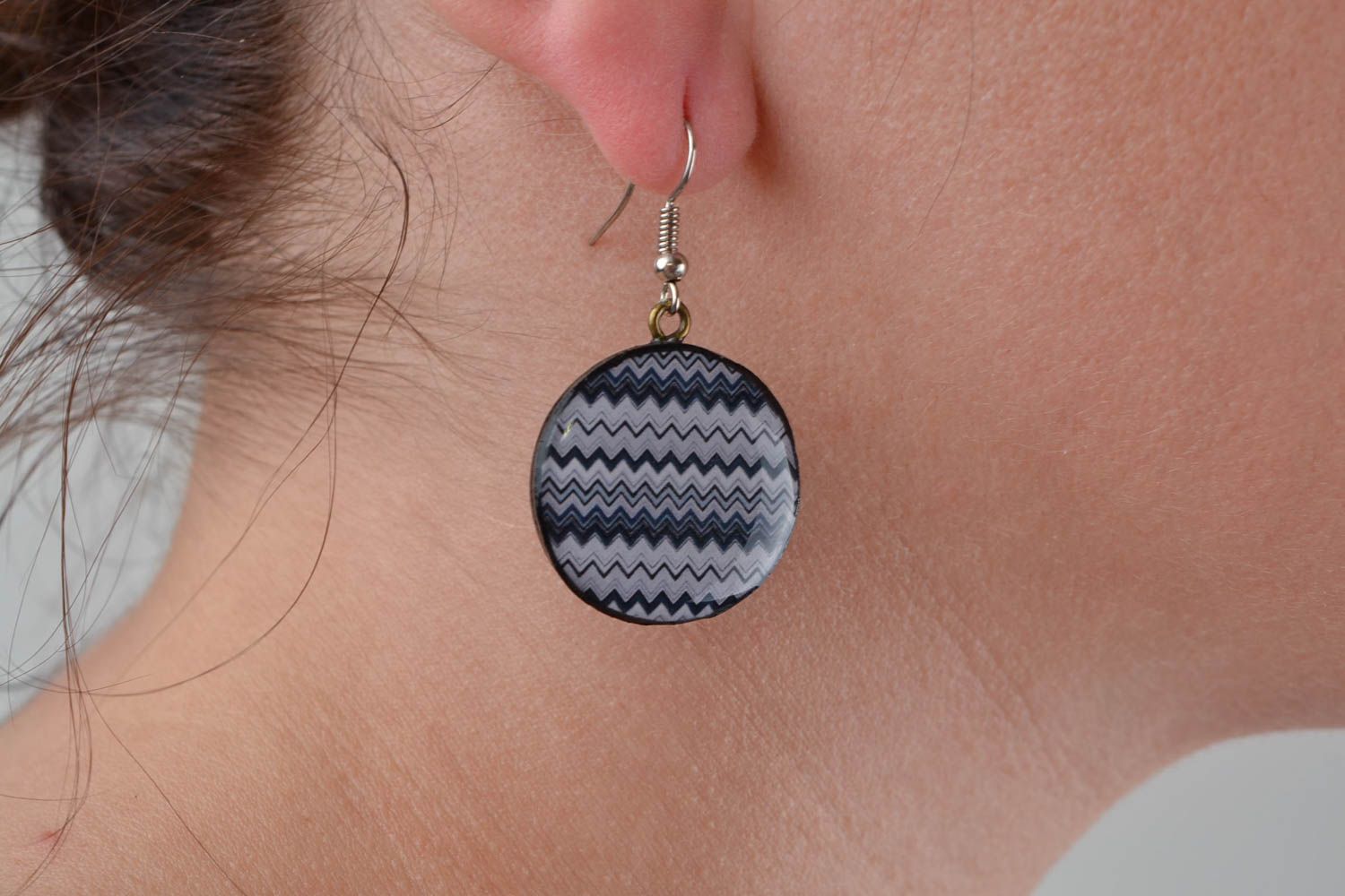 Handmade round polymer clay decoupage dangling earrings with pattern photo 2