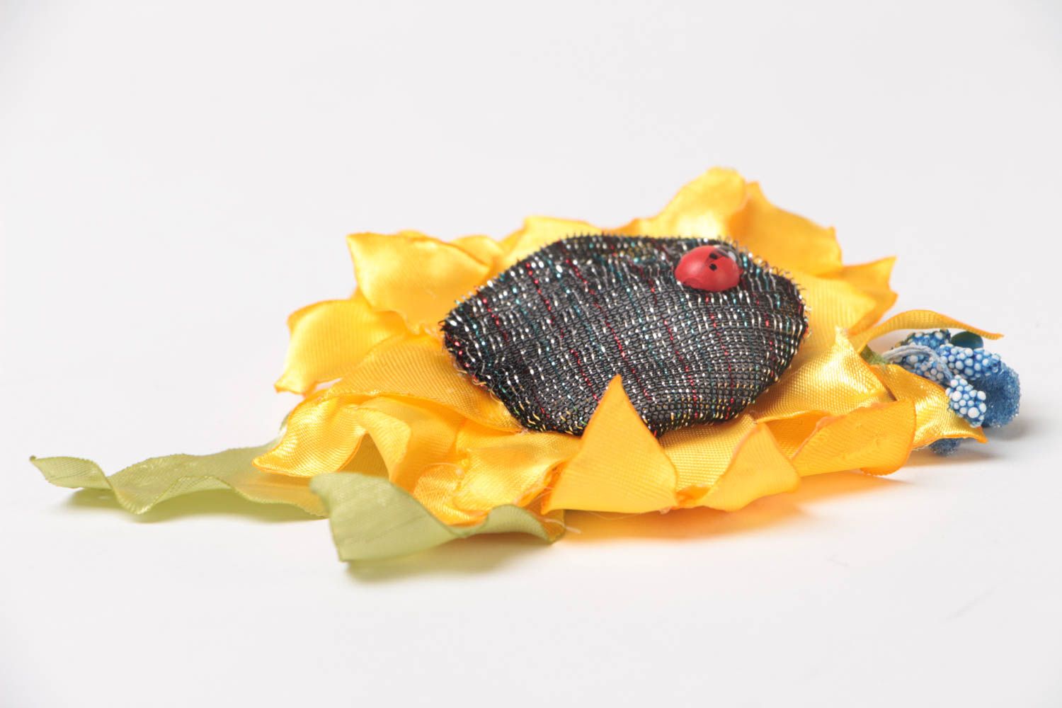 Beautiful handmade designer satin fabric hair clip with yellow sunflower photo 3